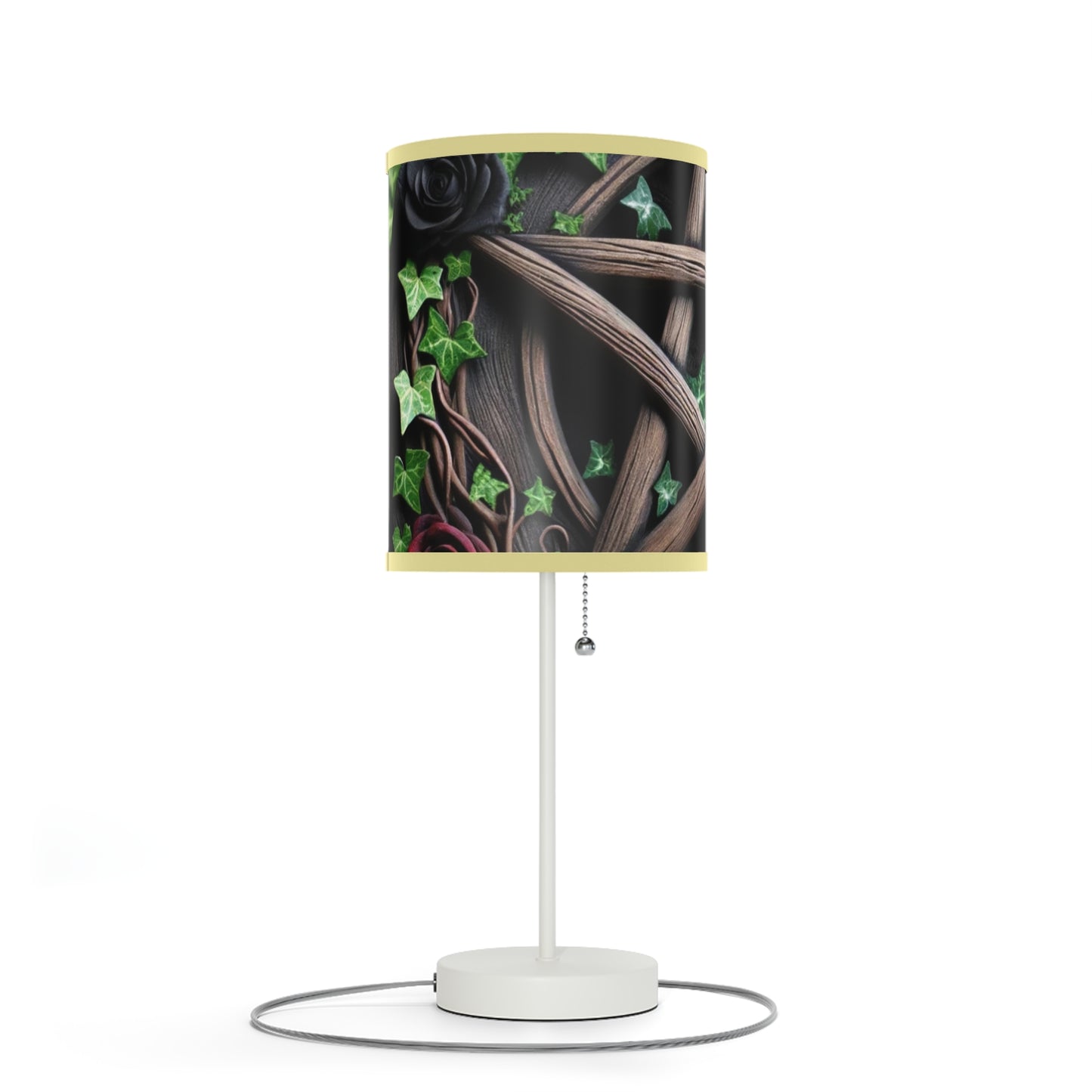 Table Lamp - Wood Pentacle with Red and Black Roses in Ivy Design