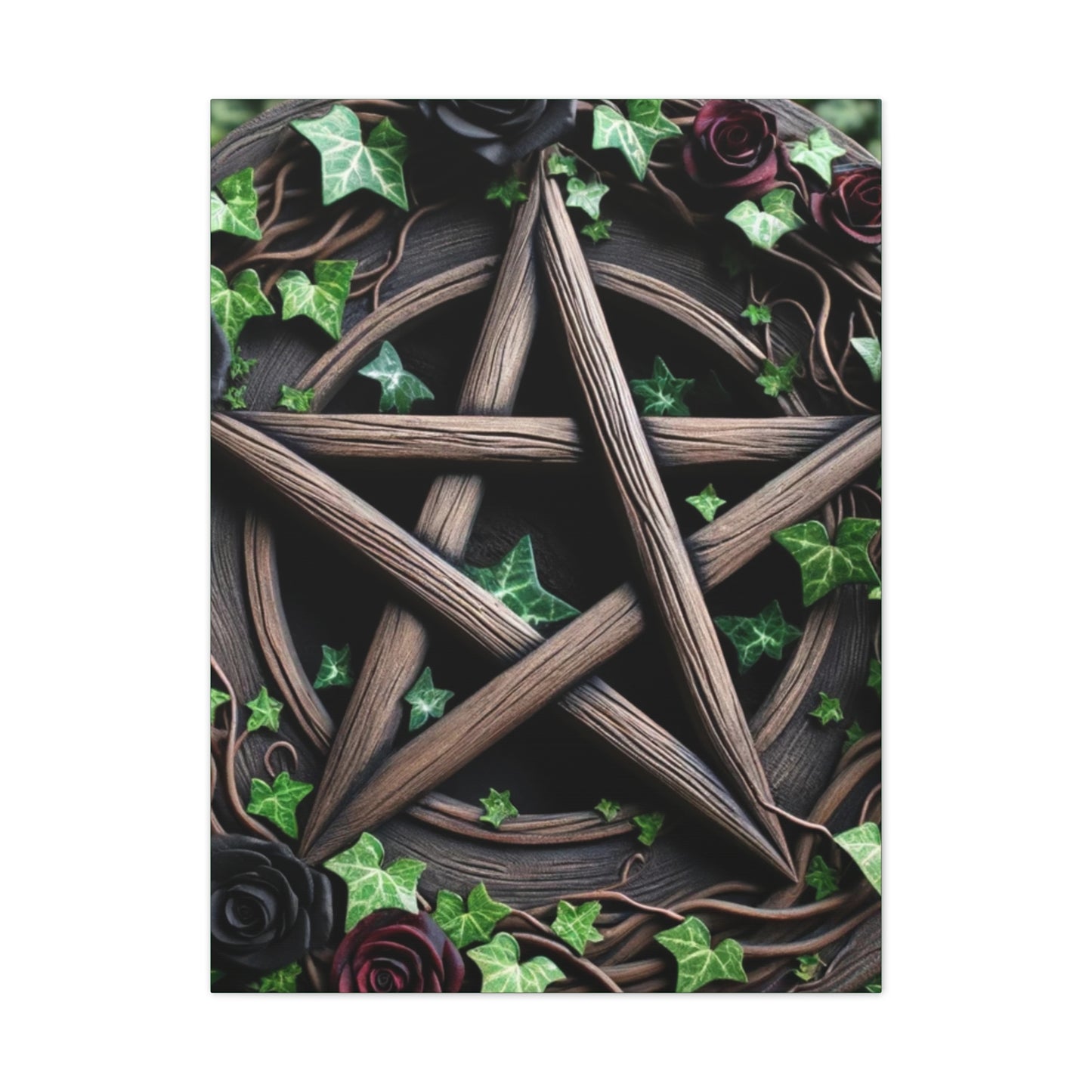 Canvas Wall Art, Wood Pentacle with Red and Black Roses in Ivy Design