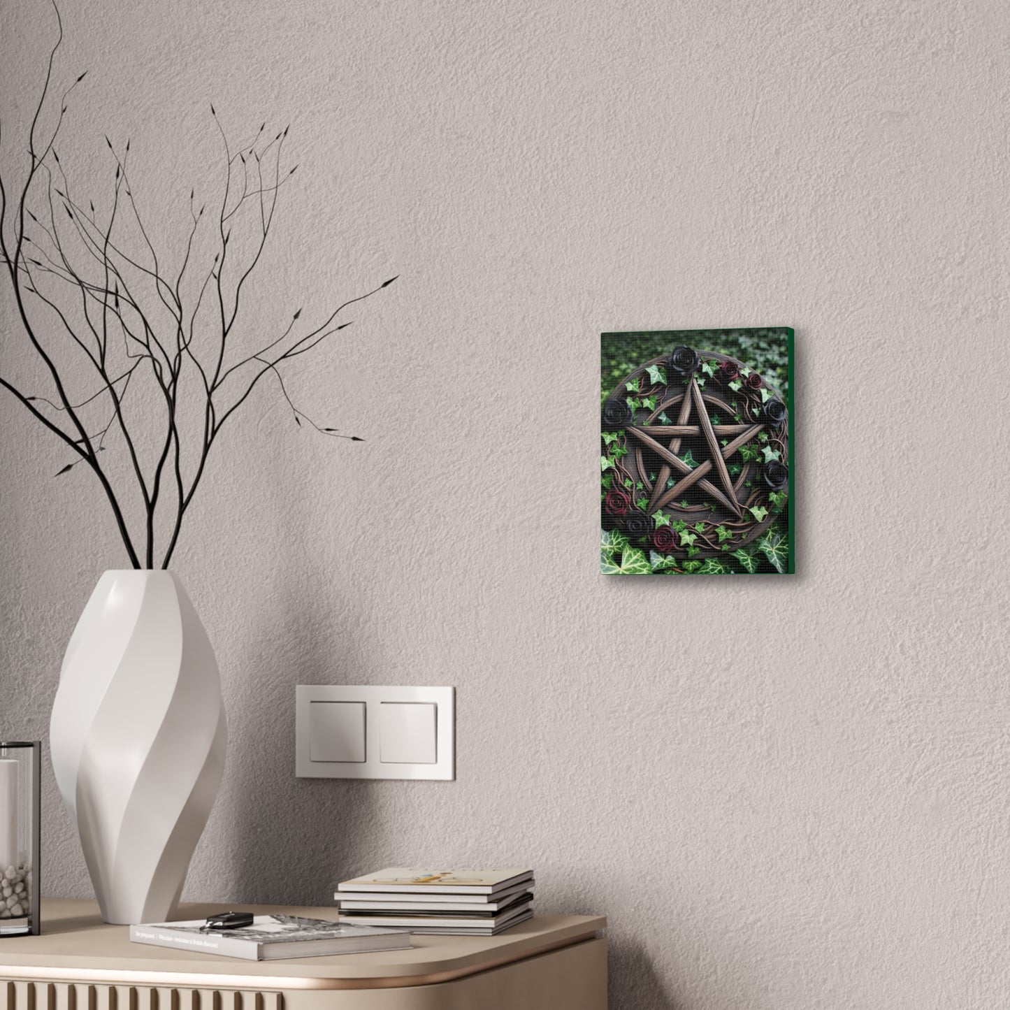 Canvas Wall Art, Wood Pentacle with Red and Black Roses in Ivy Design