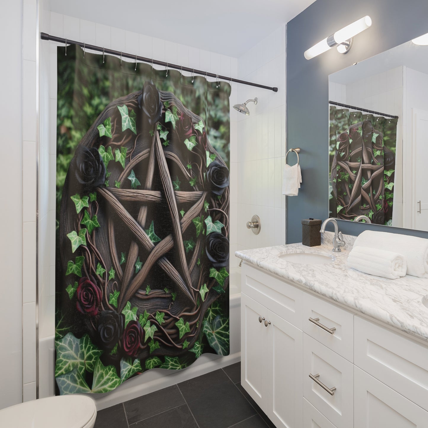 Shower Curtains - Wood Pentacle with Red and Black Roses in Ivy