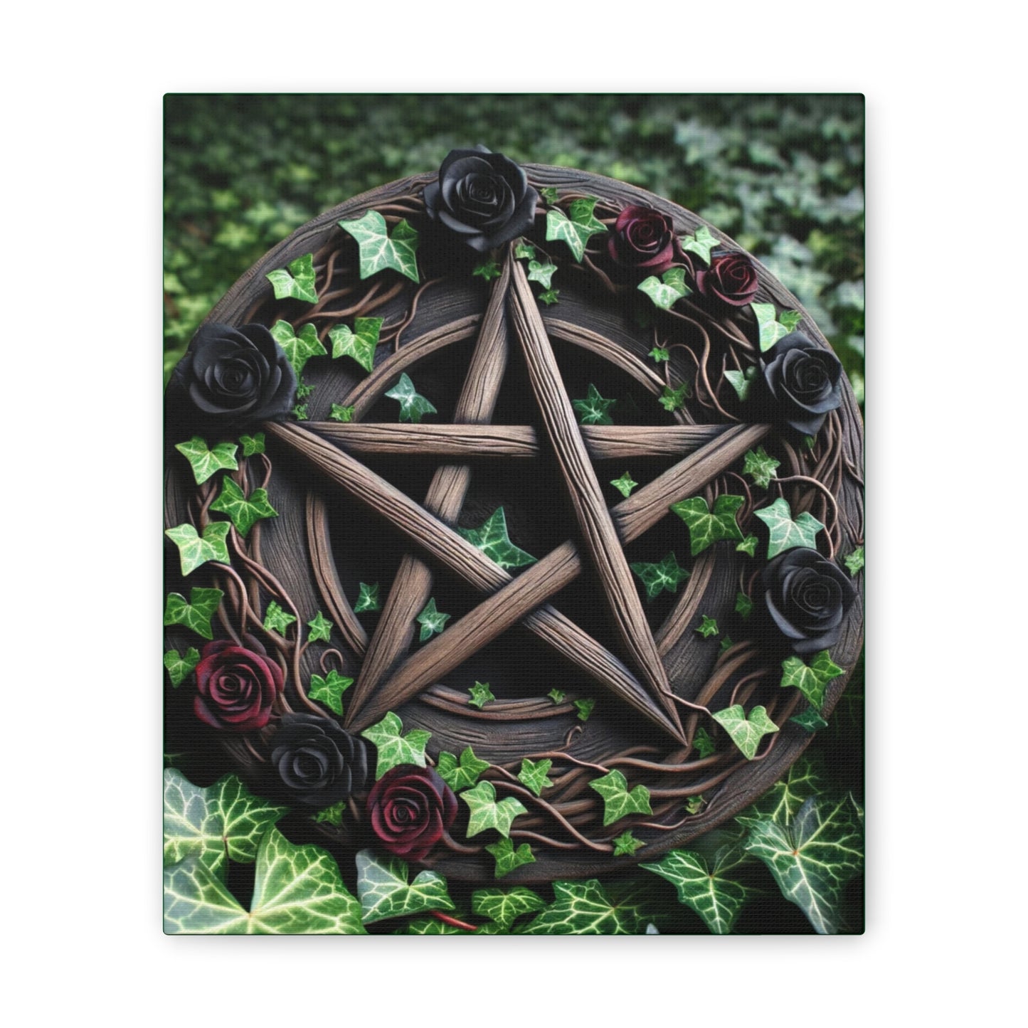 Canvas Wall Art, Wood Pentacle with Red and Black Roses in Ivy Design