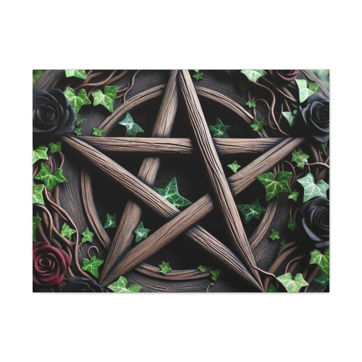 Canvas Wall Art, Wood Pentacle with Red and Black Roses in Ivy Design