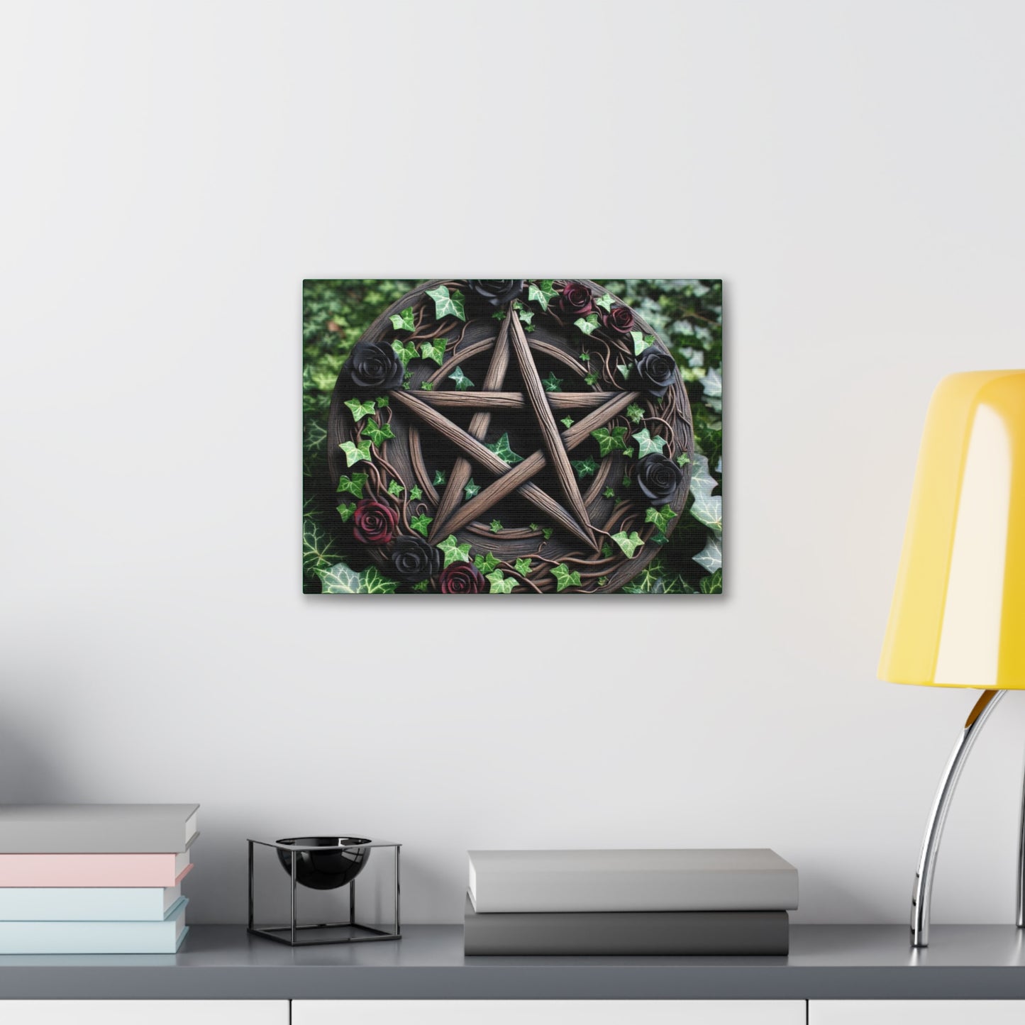 Canvas Wall Art, Wood Pentacle with Red and Black Roses in Ivy Design