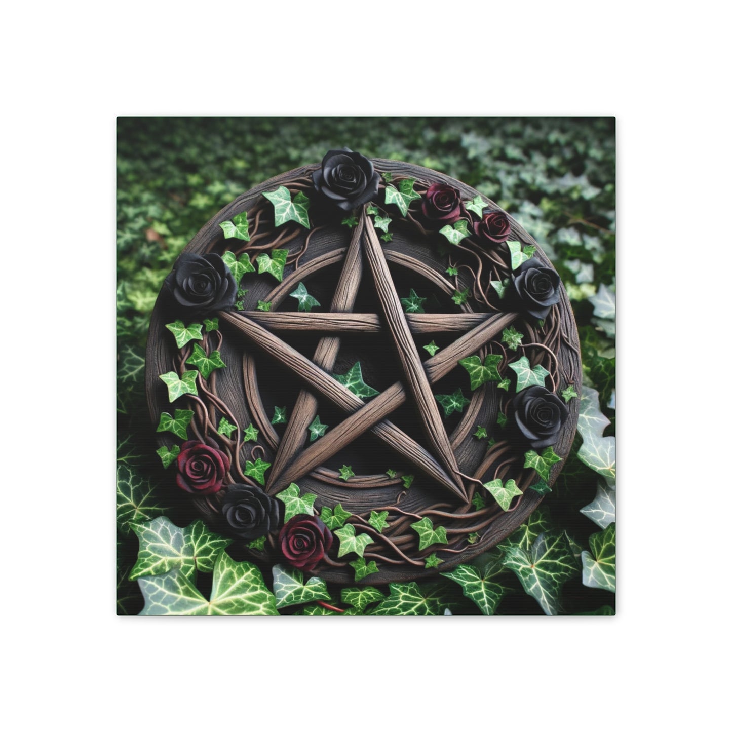 Canvas Wall Art, Wood Pentacle with Red and Black Roses in Ivy Design