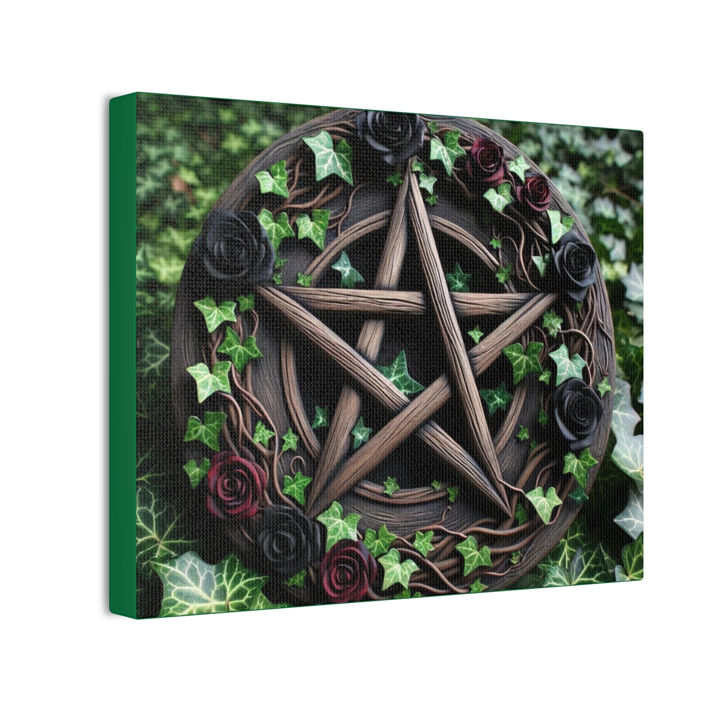 Canvas Wall Art, Wood Pentacle with Red and Black Roses in Ivy Design