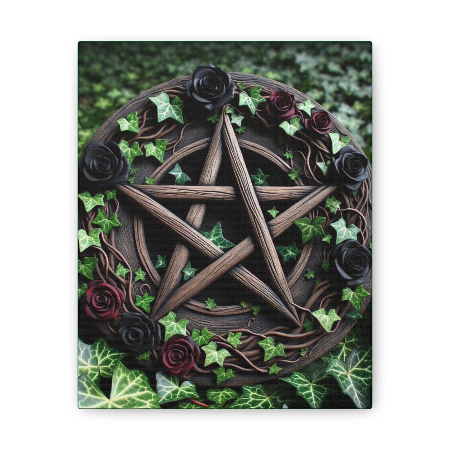 Canvas Wall Art, Wood Pentacle with Red and Black Roses in Ivy Design