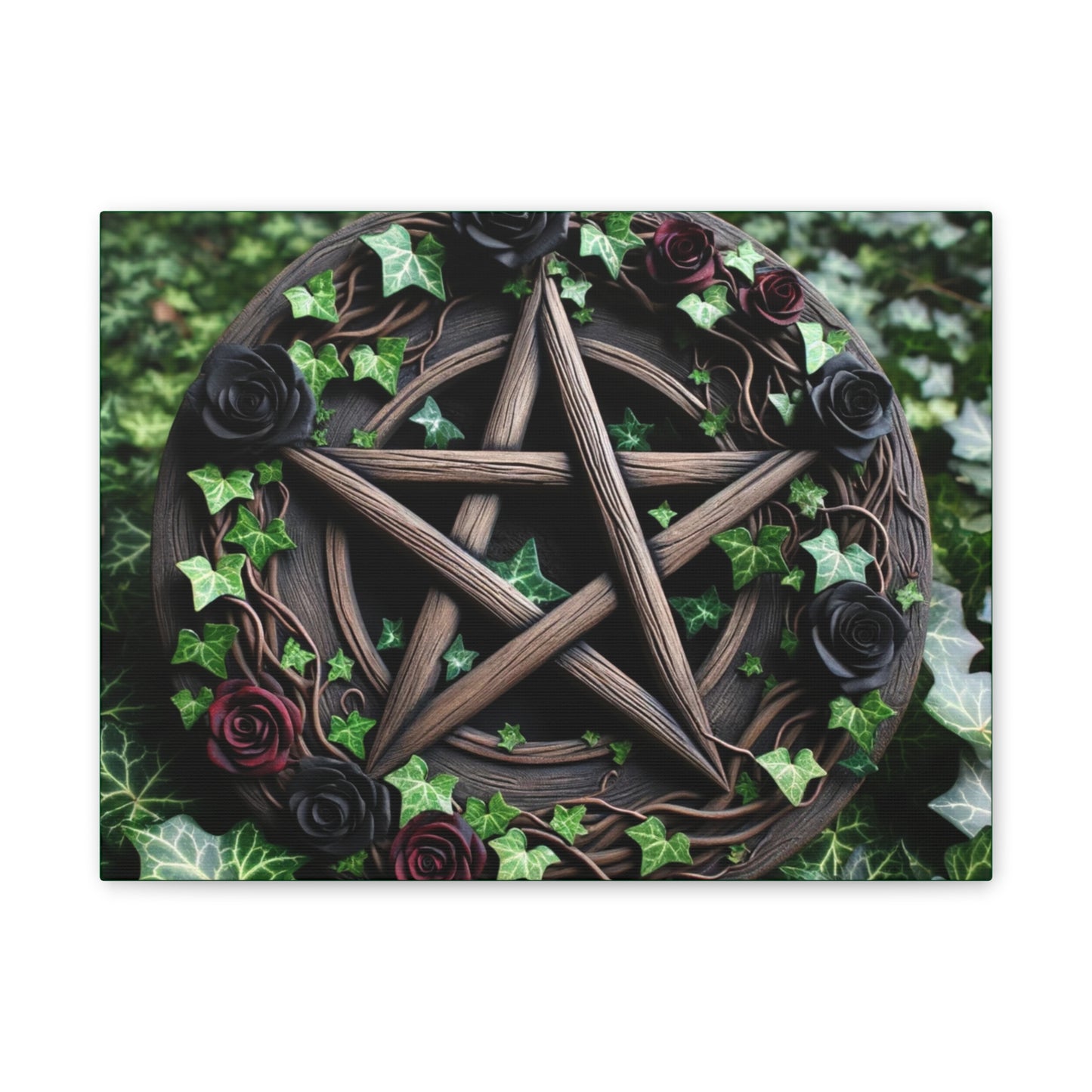 Canvas Wall Art, Wood Pentacle with Red and Black Roses in Ivy Design