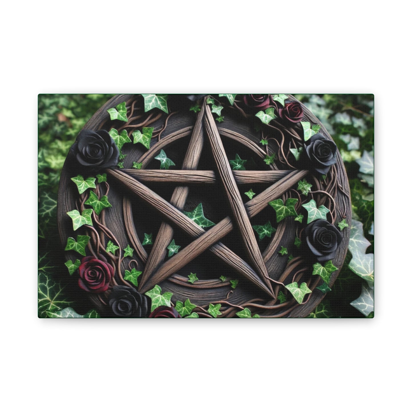 Canvas Wall Art, Wood Pentacle with Red and Black Roses in Ivy Design