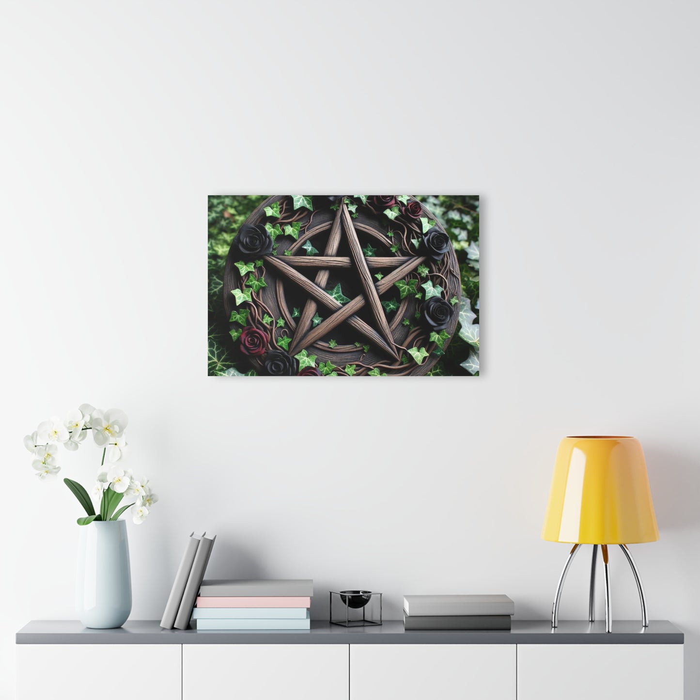 Acrylic Print Wall Decor - Wood Pentacle with Red and Black Roses in Ivy