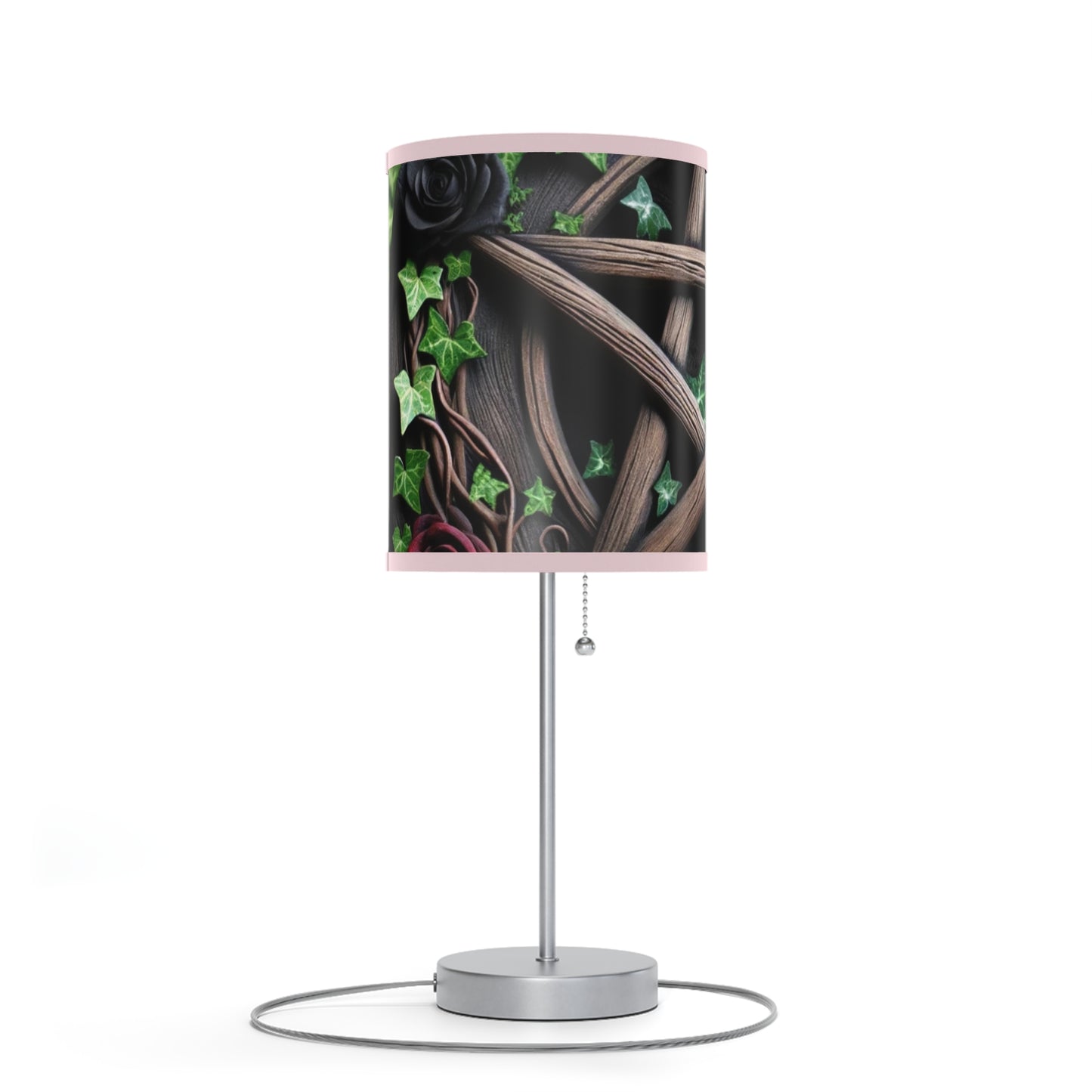 Table Lamp - Wood Pentacle with Red and Black Roses in Ivy Design