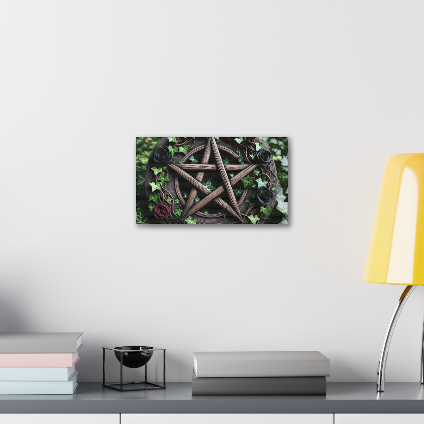 Canvas Wall Art, Wood Pentacle with Red and Black Roses in Ivy Design