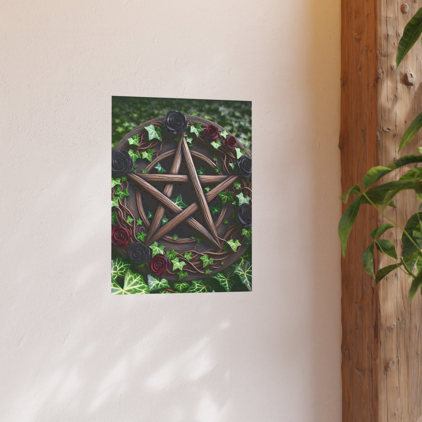 Poster - Wood Pentacle with Red and Black Roses in Ivy