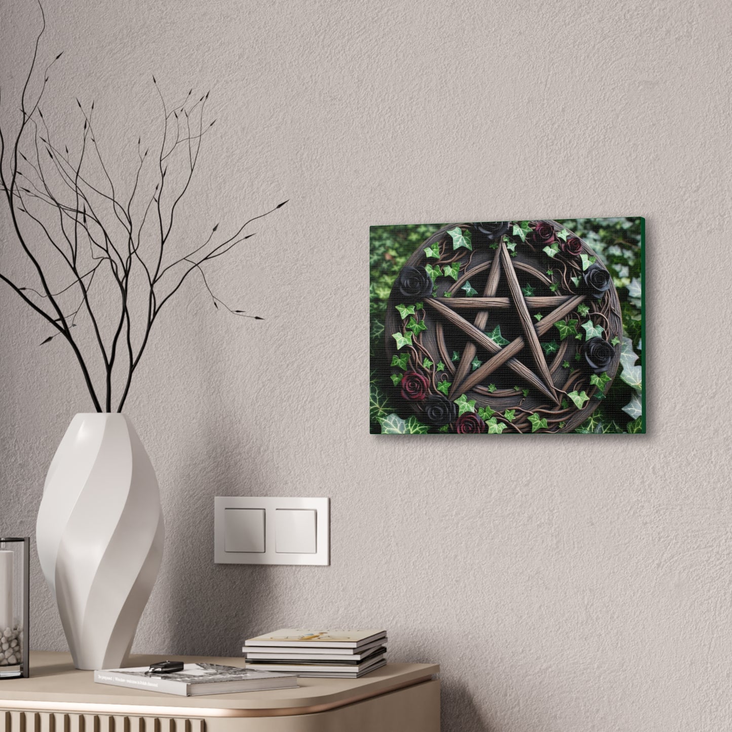 Canvas Wall Art, Wood Pentacle with Red and Black Roses in Ivy Design