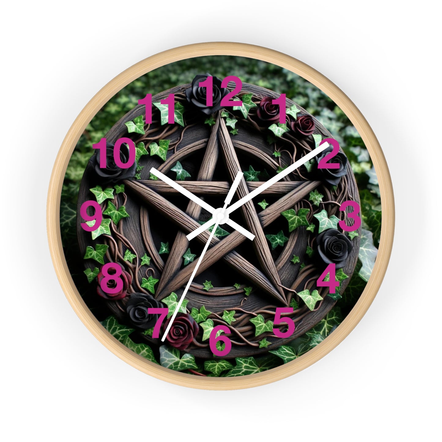 Wood Pentacle Wall Clock with Red and Black Roses in Ivy