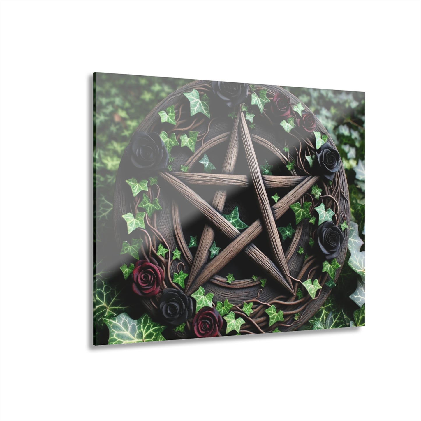 Acrylic Print Wall Decor - Wood Pentacle with Red and Black Roses in Ivy