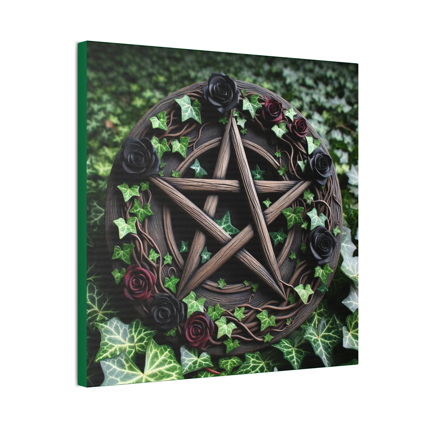 Canvas Wall Art, Wood Pentacle with Red and Black Roses in Ivy Design