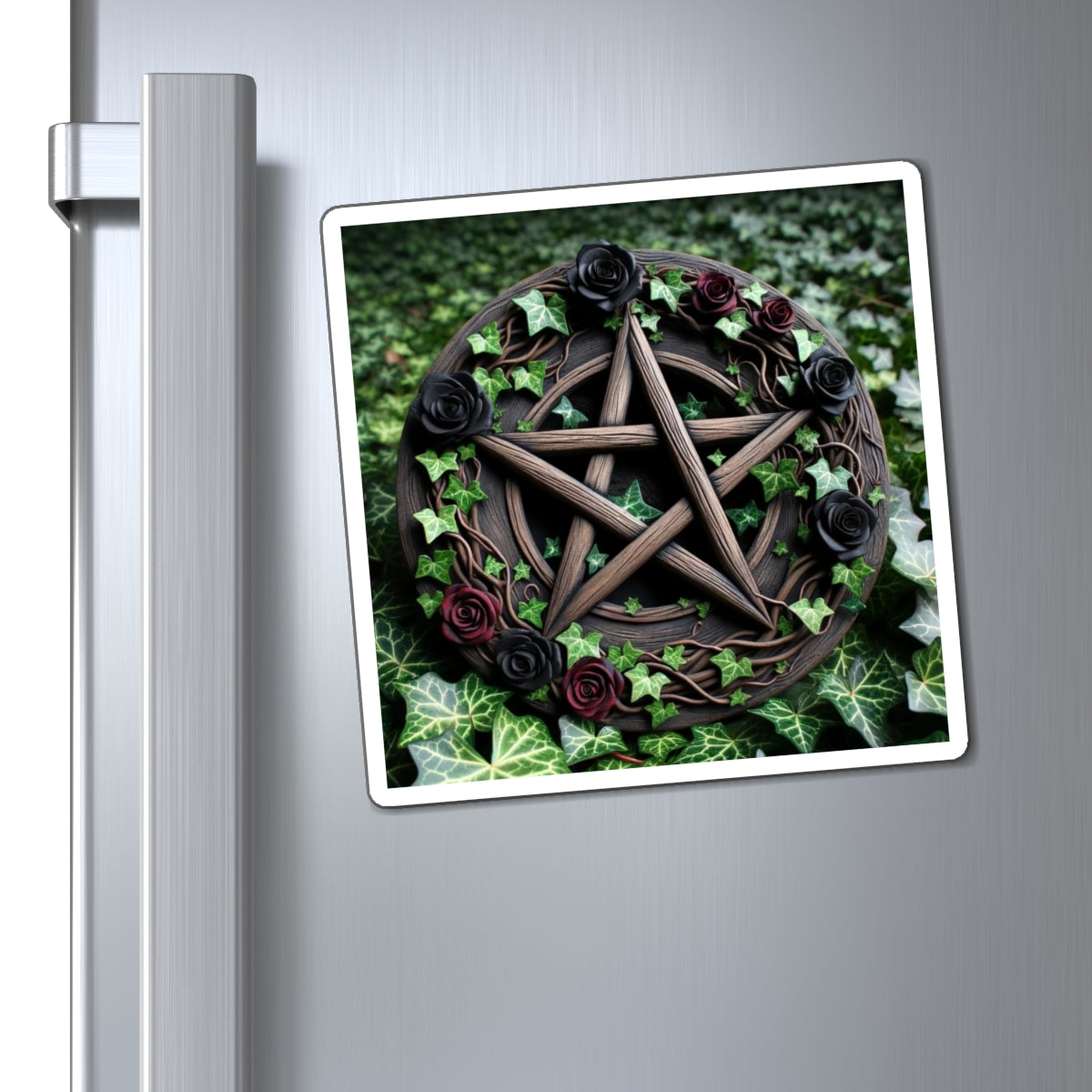 Magnets - Wood Pentacle with Red and Black Roses in Ivy