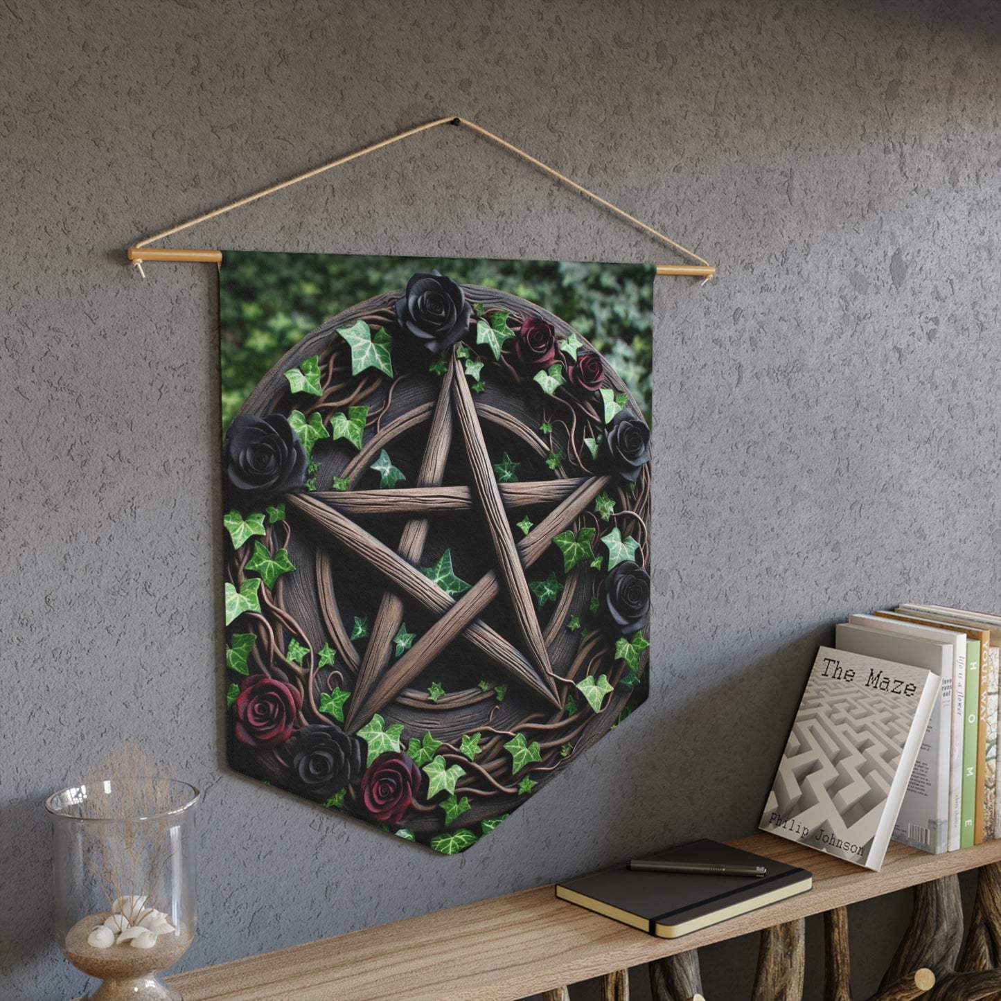 Pennant Flag Wood Pentacle with Red and Black Roses Ivy