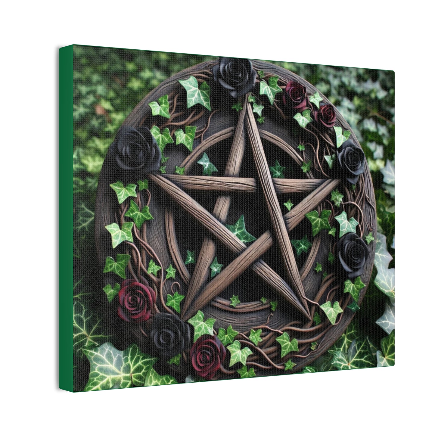 Canvas Wall Art, Wood Pentacle with Red and Black Roses in Ivy Design