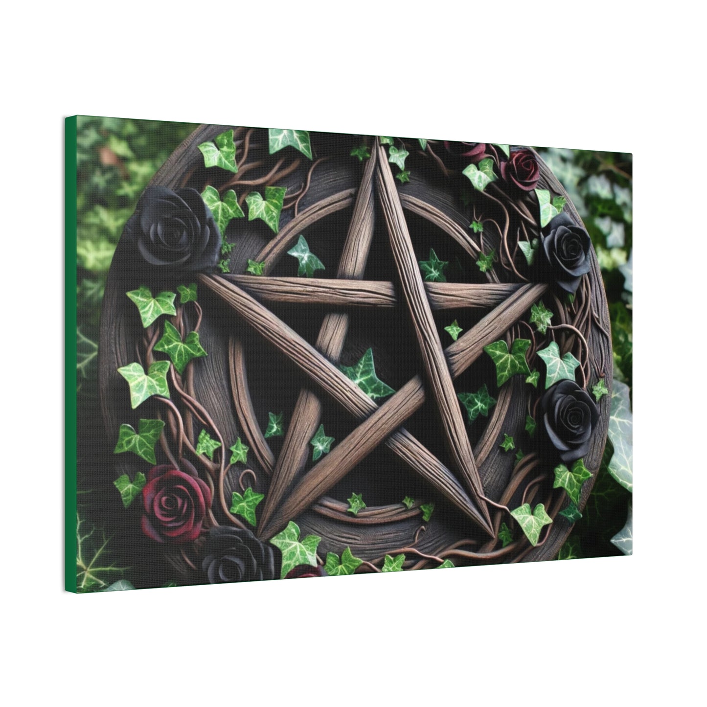 Canvas Wall Art, Wood Pentacle with Red and Black Roses in Ivy Design