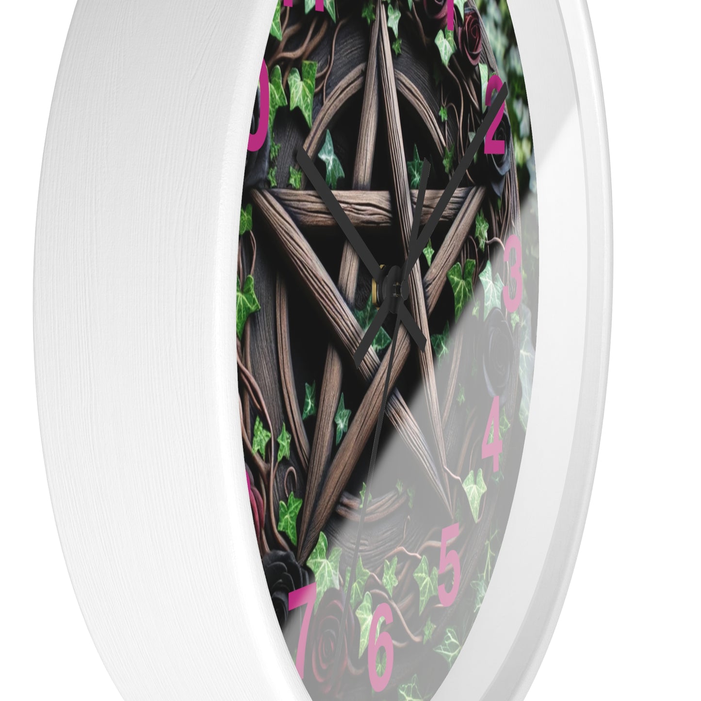 Wood Pentacle Wall Clock with Red and Black Roses in Ivy