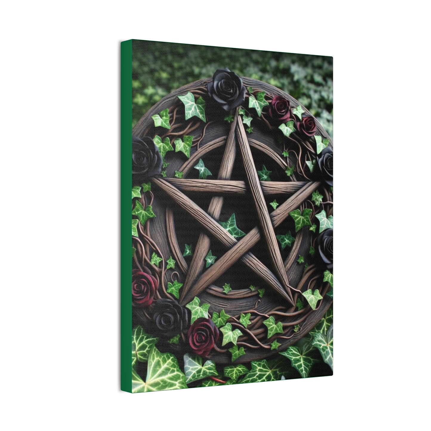 Canvas Wall Art, Wood Pentacle with Red and Black Roses in Ivy Design