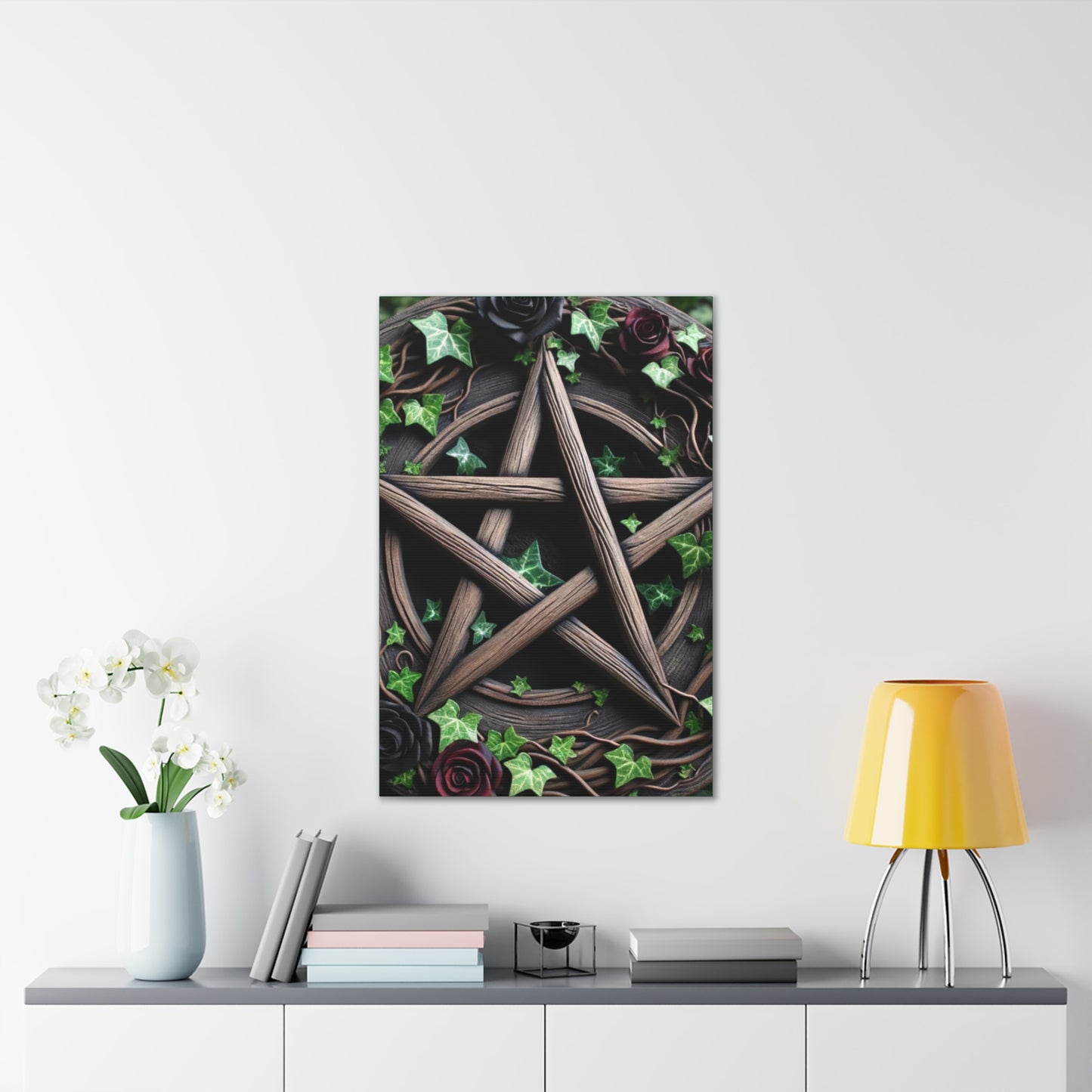 Canvas Wall Art, Wood Pentacle with Red and Black Roses in Ivy Design