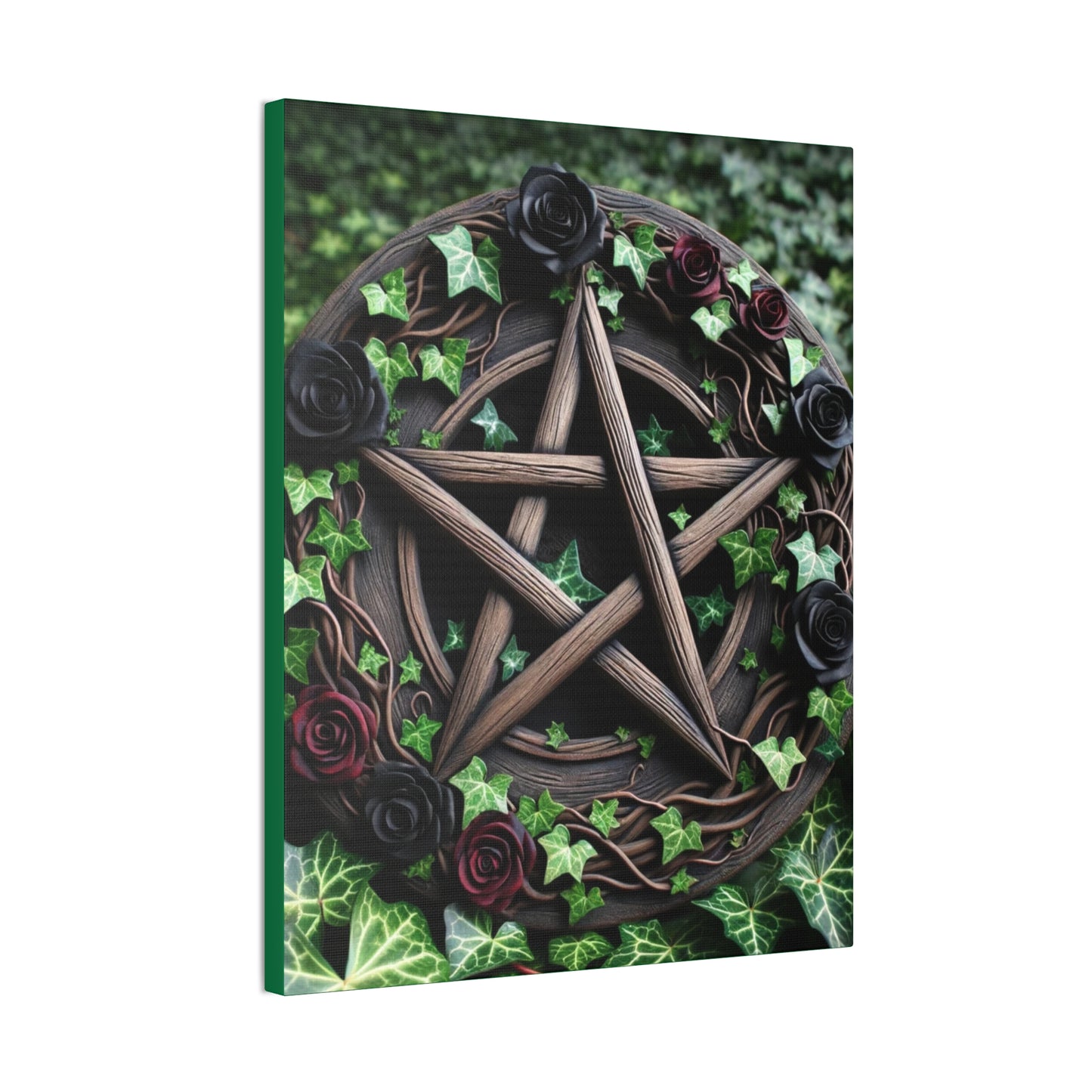 Canvas Wall Art, Wood Pentacle with Red and Black Roses in Ivy Design