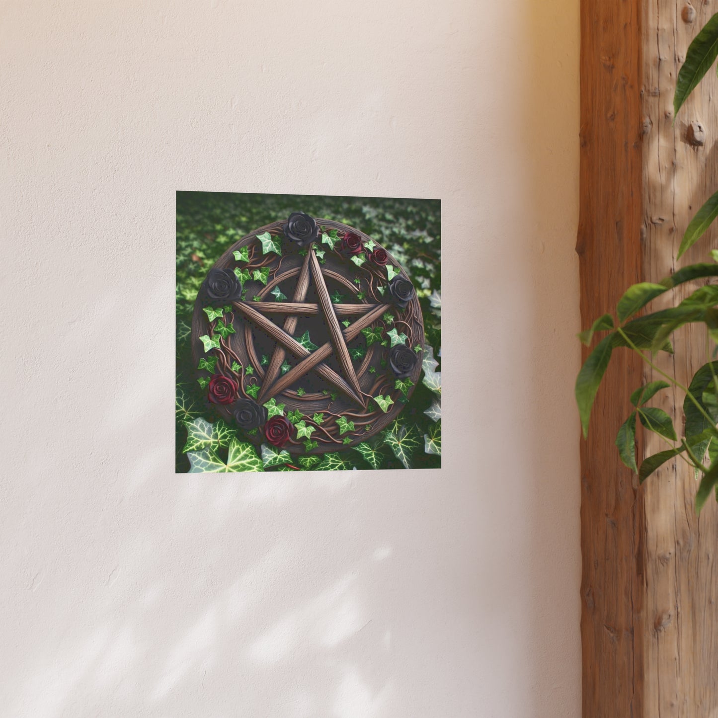 Poster - Wood Pentacle with Red and Black Roses in Ivy