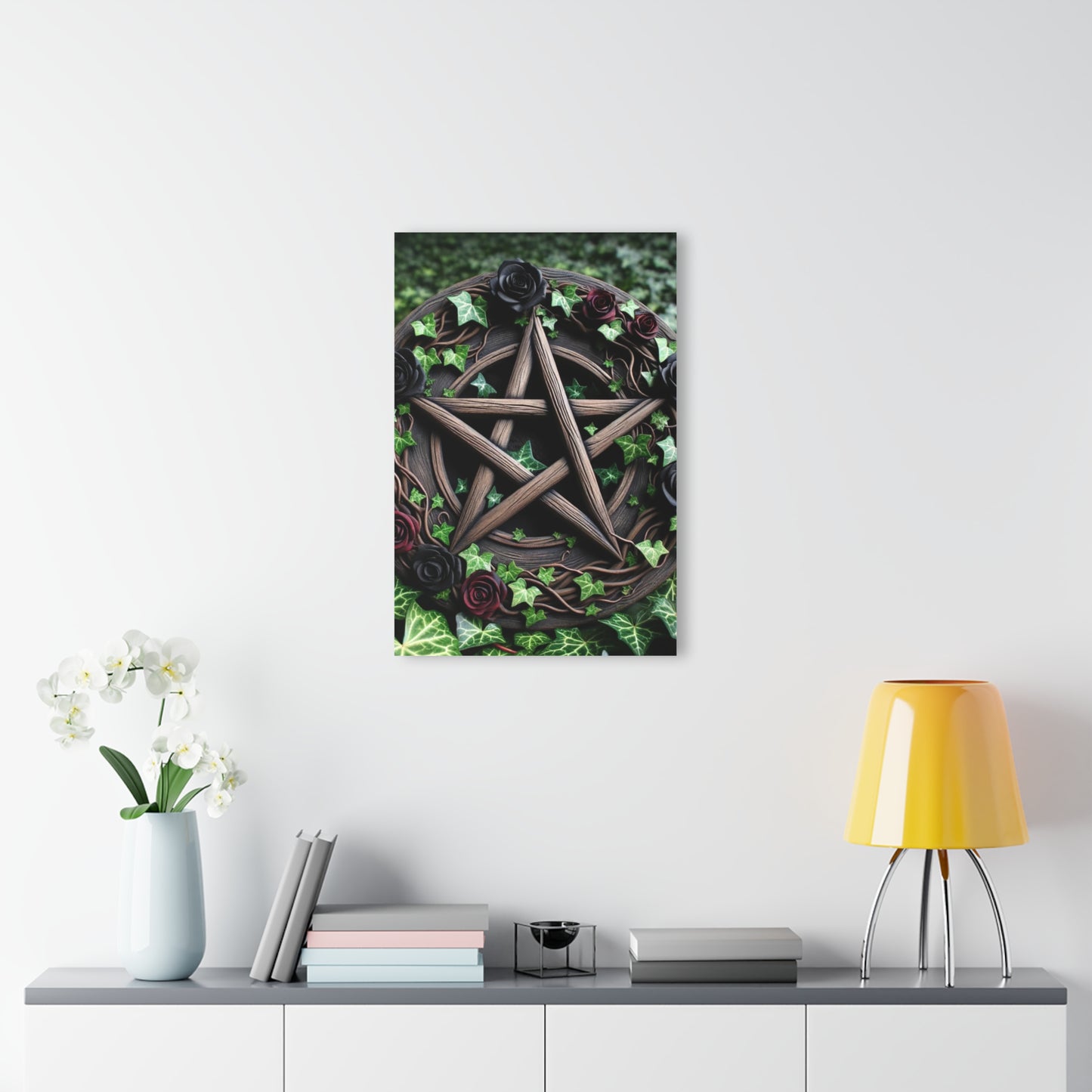 Acrylic Print Wall Decor - Wood Pentacle with Red and Black Roses in Ivy