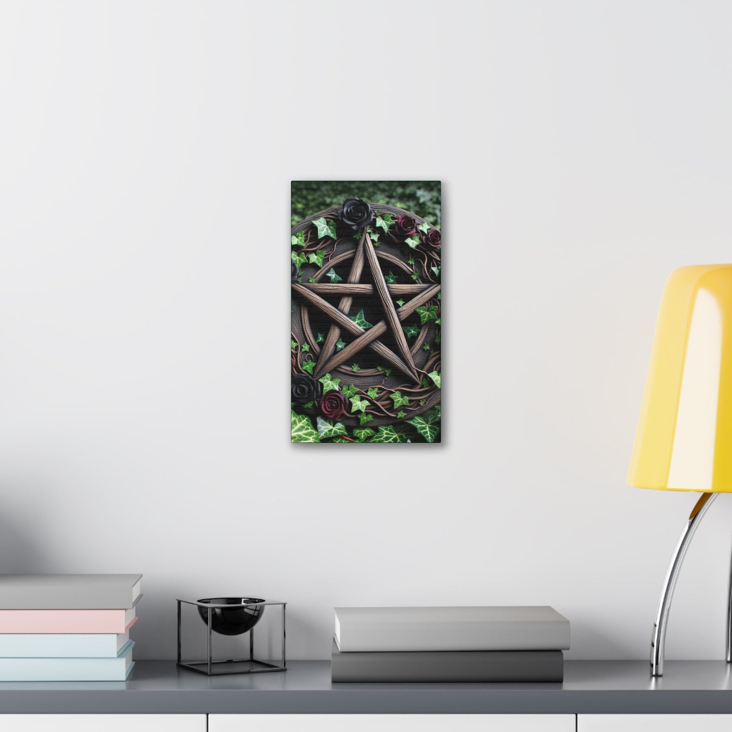 Canvas Wall Art, Wood Pentacle with Red and Black Roses in Ivy Design