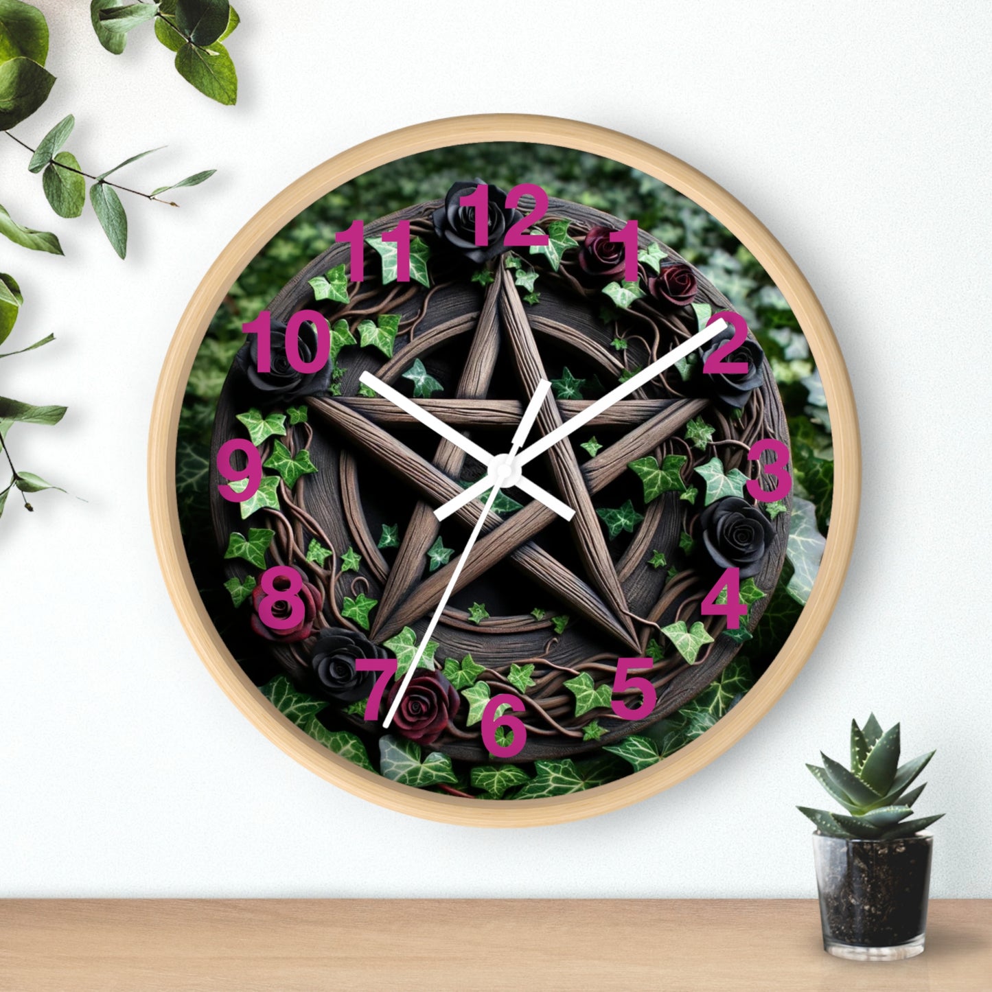 Wood Pentacle Wall Clock with Red and Black Roses in Ivy