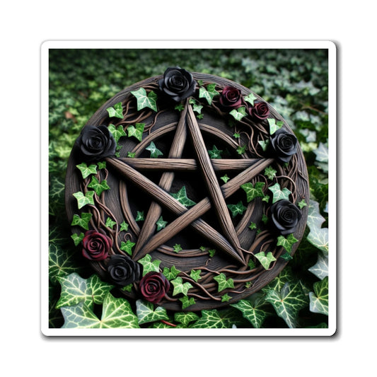 Magnets - Wood Pentacle with Red and Black Roses in Ivy