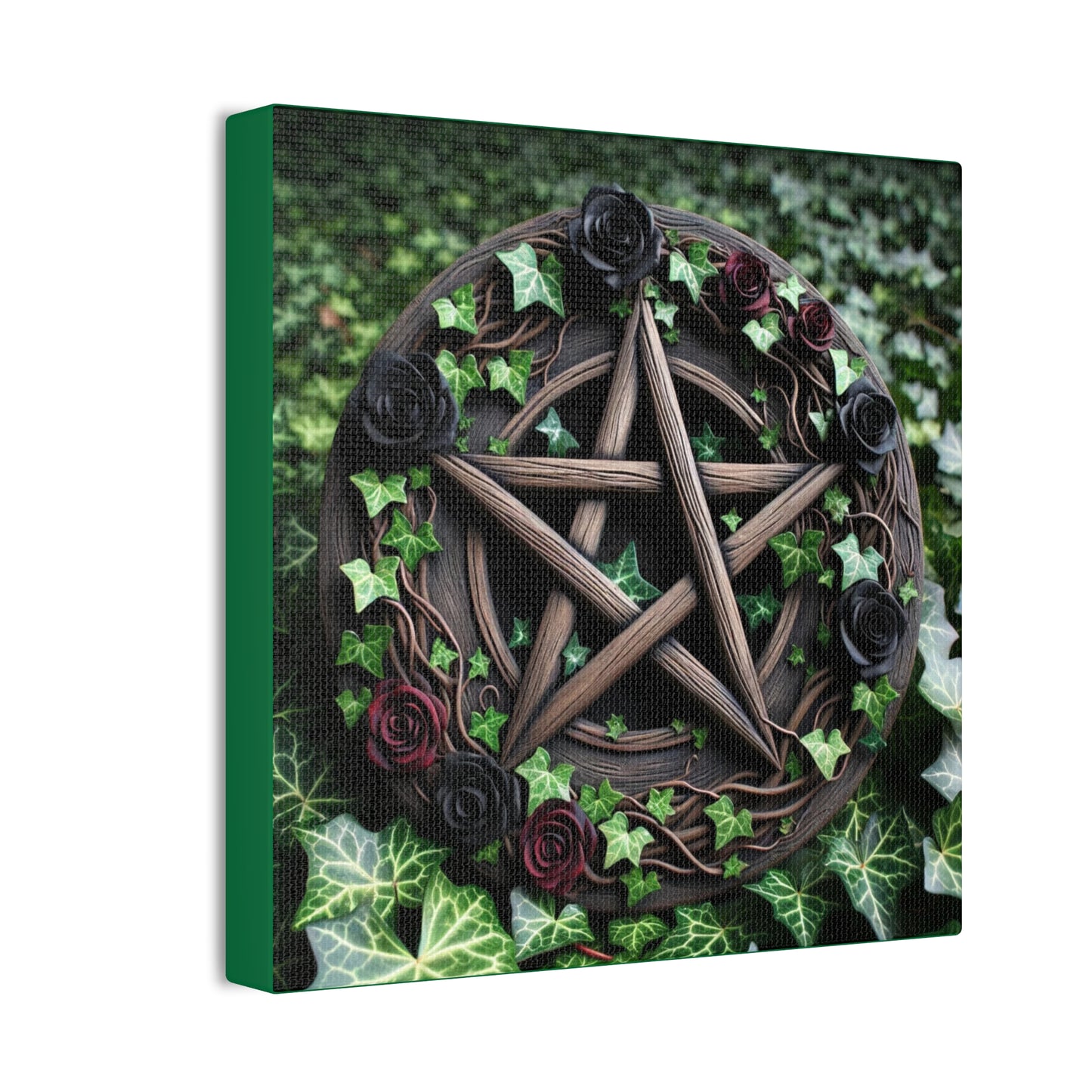 Canvas Wall Art, Wood Pentacle with Red and Black Roses in Ivy Design