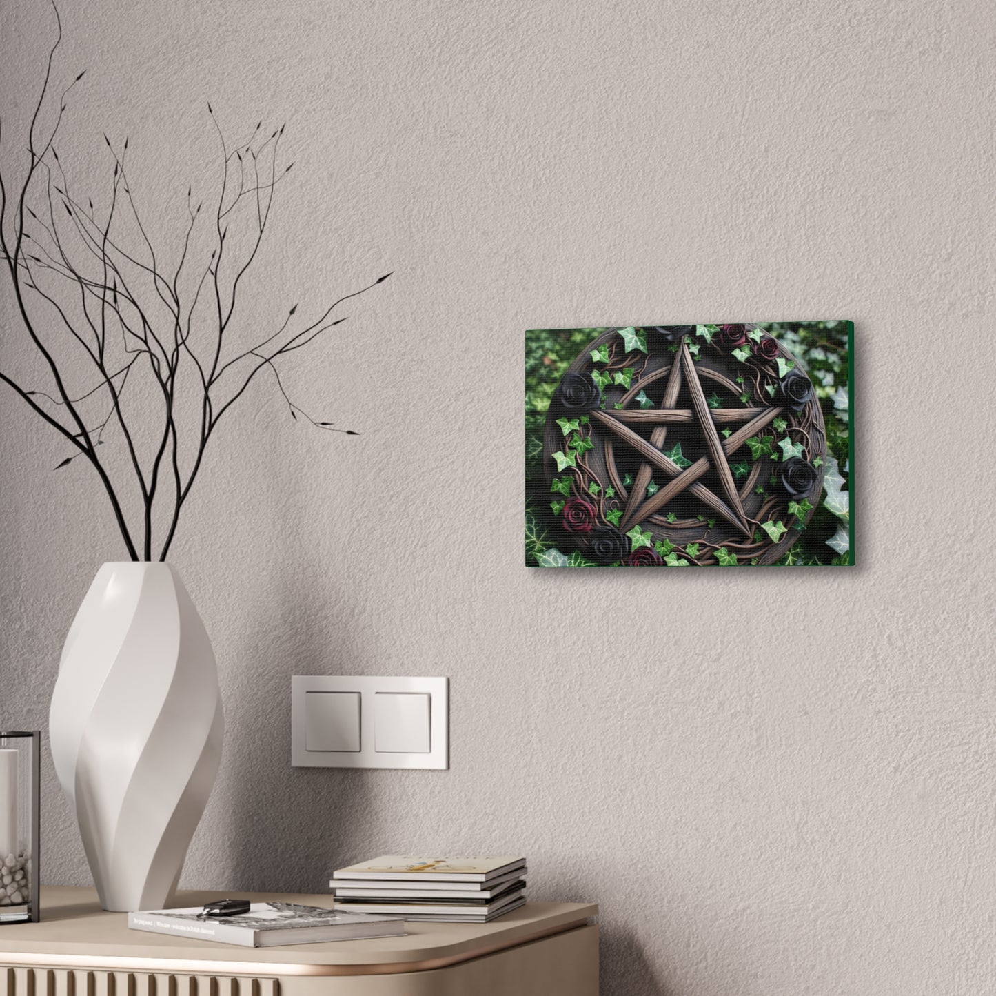 Canvas Wall Art, Wood Pentacle with Red and Black Roses in Ivy Design