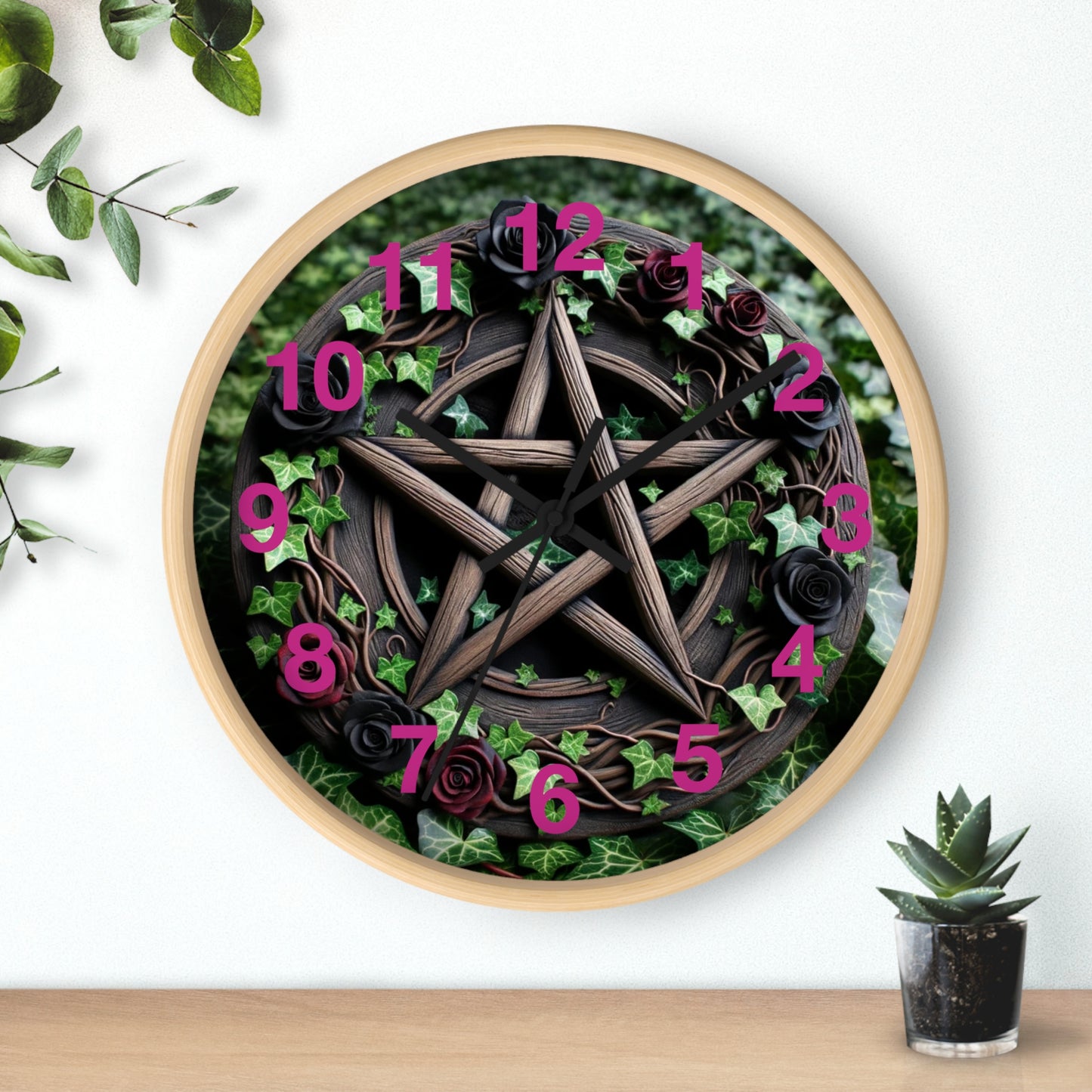 Wood Pentacle Wall Clock with Red and Black Roses in Ivy