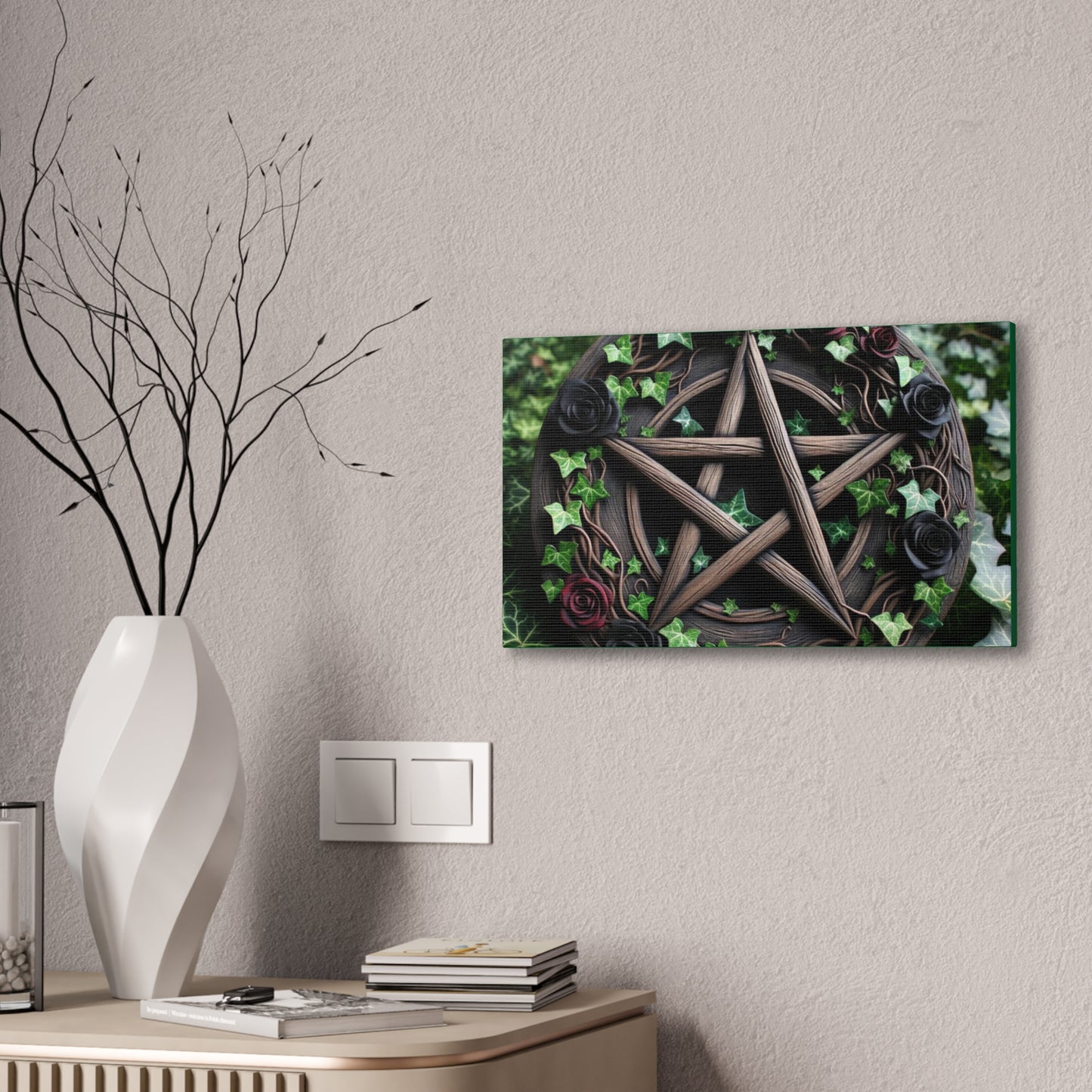 Canvas Wall Art, Wood Pentacle with Red and Black Roses in Ivy Design