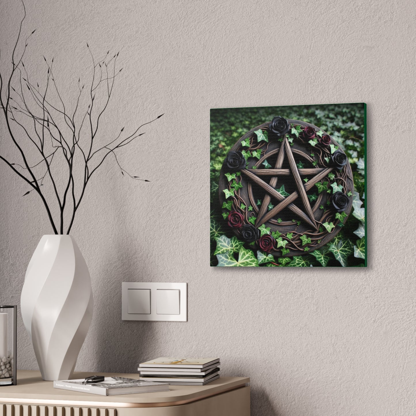 Canvas Wall Art, Wood Pentacle with Red and Black Roses in Ivy Design