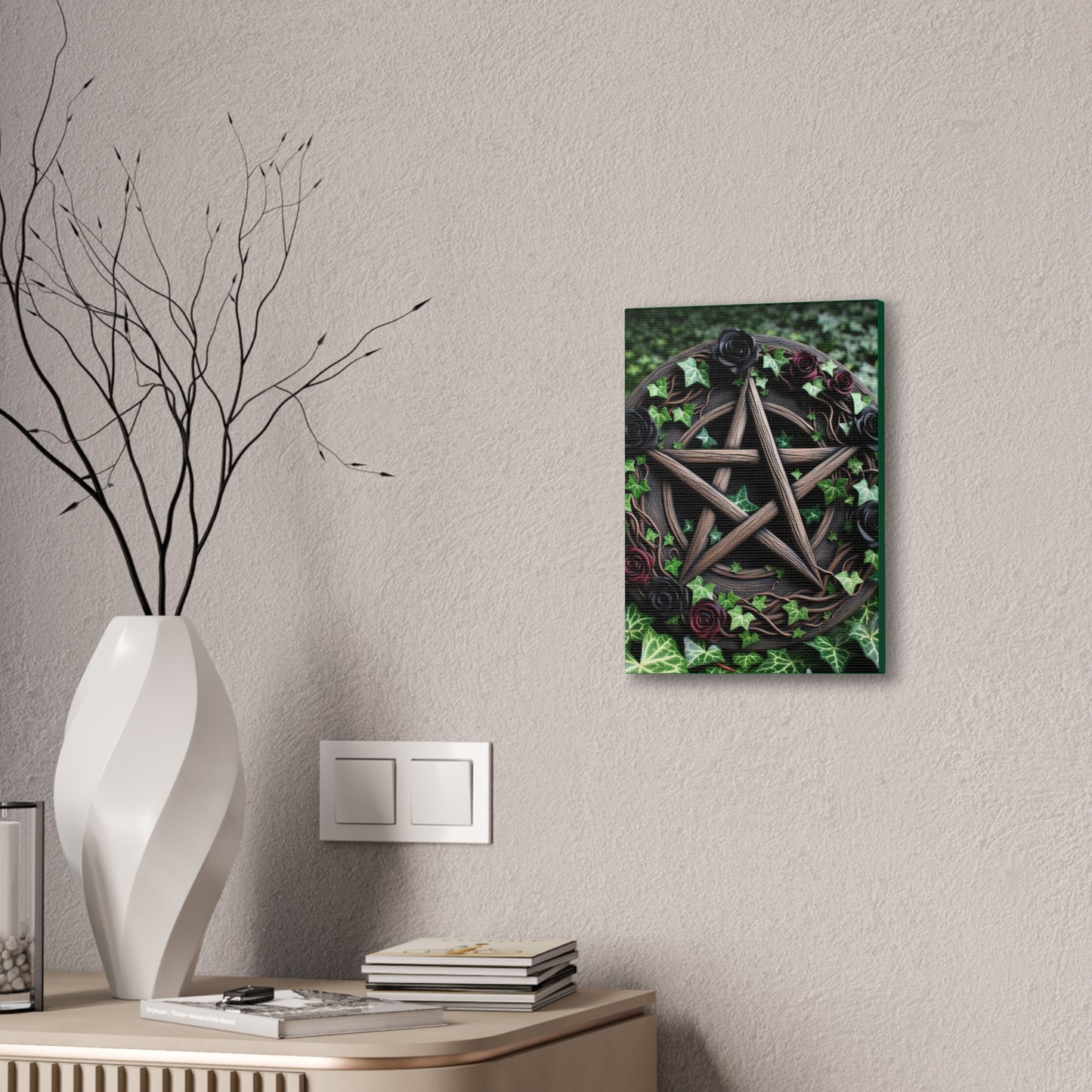 Canvas Wall Art, Wood Pentacle with Red and Black Roses in Ivy Design