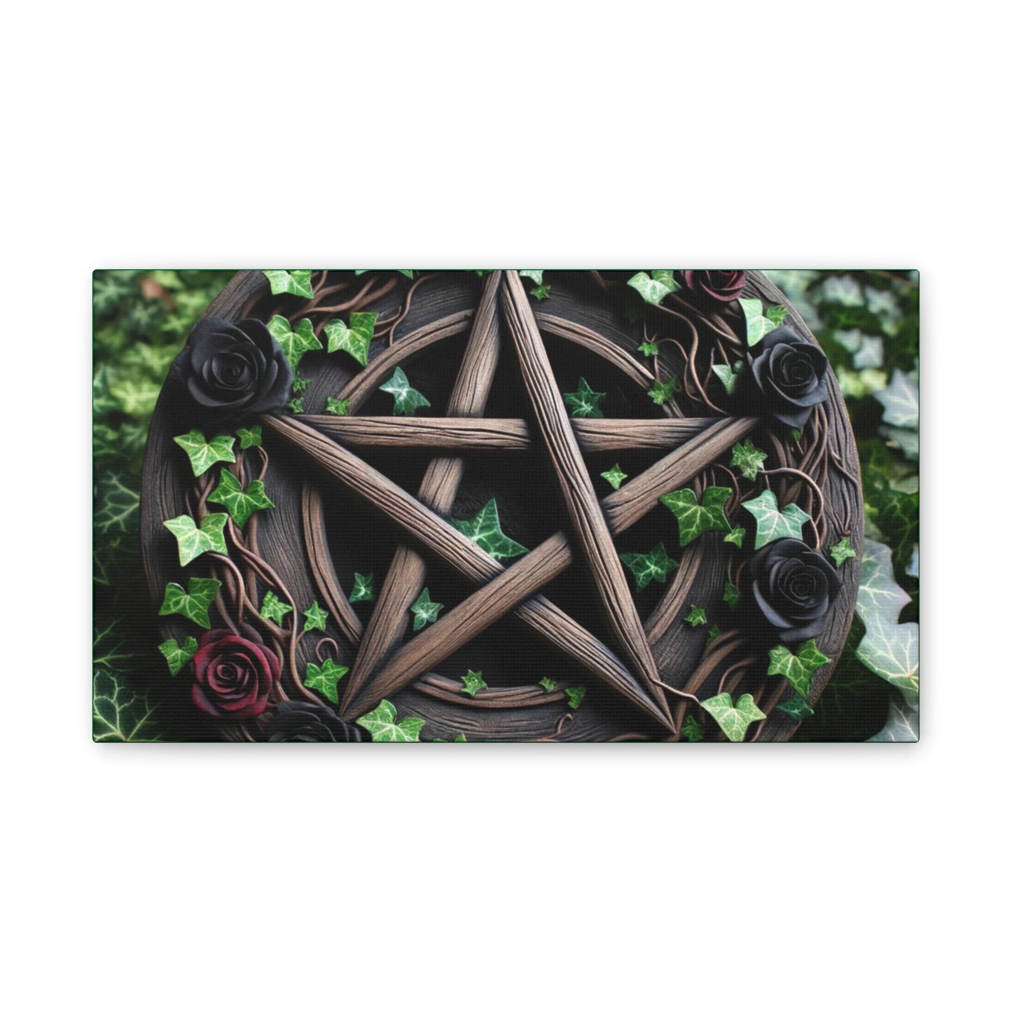 Canvas Wall Art, Wood Pentacle with Red and Black Roses in Ivy Design