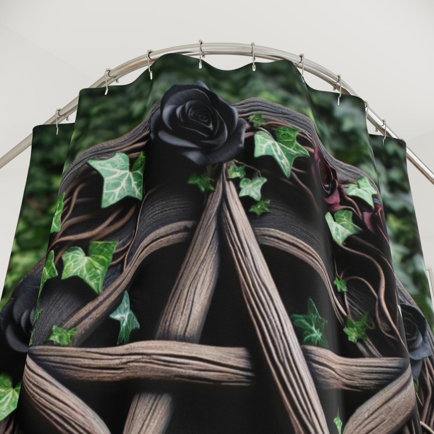 Shower Curtains - Wood Pentacle with Red and Black Roses in Ivy