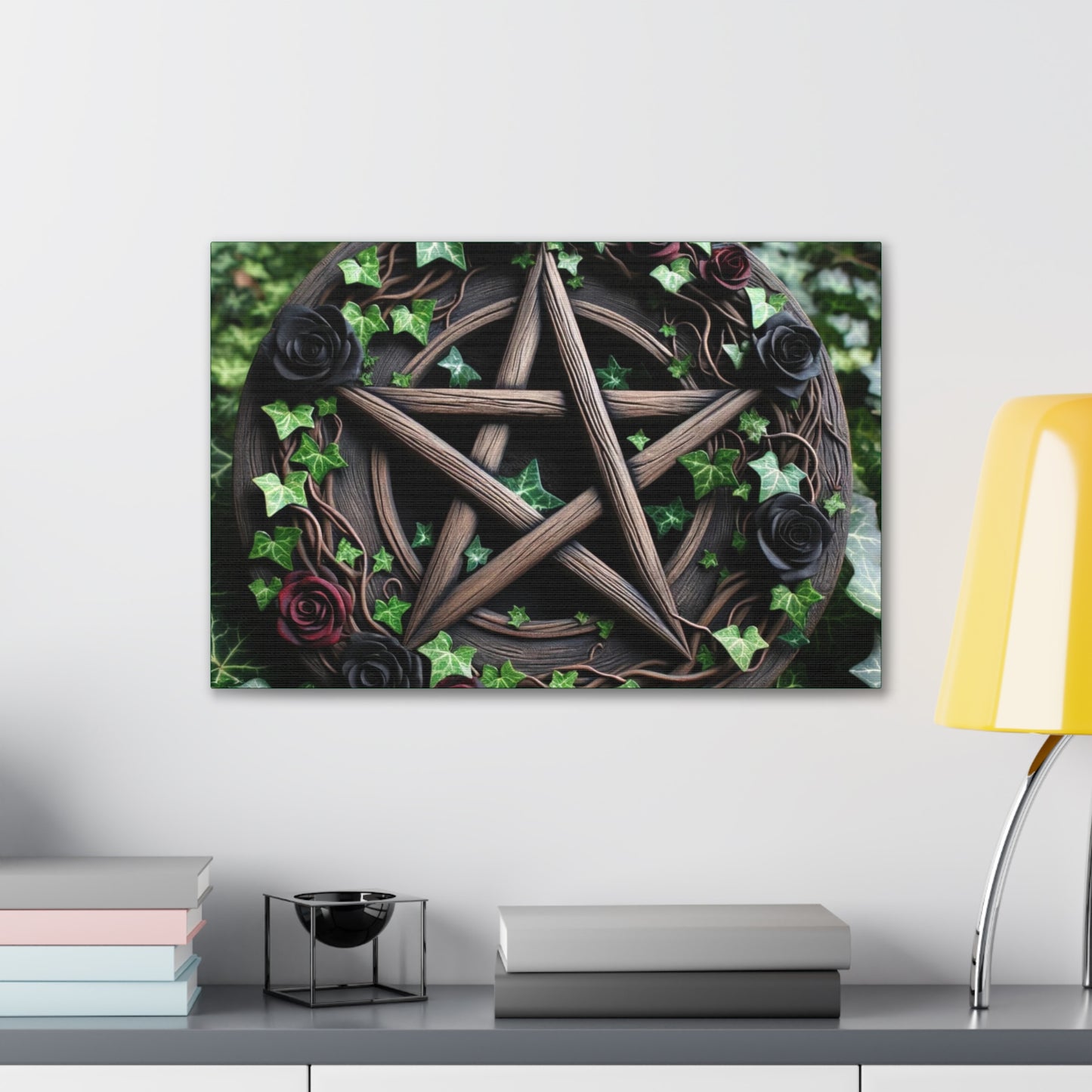 Canvas Wall Art, Wood Pentacle with Red and Black Roses in Ivy Design