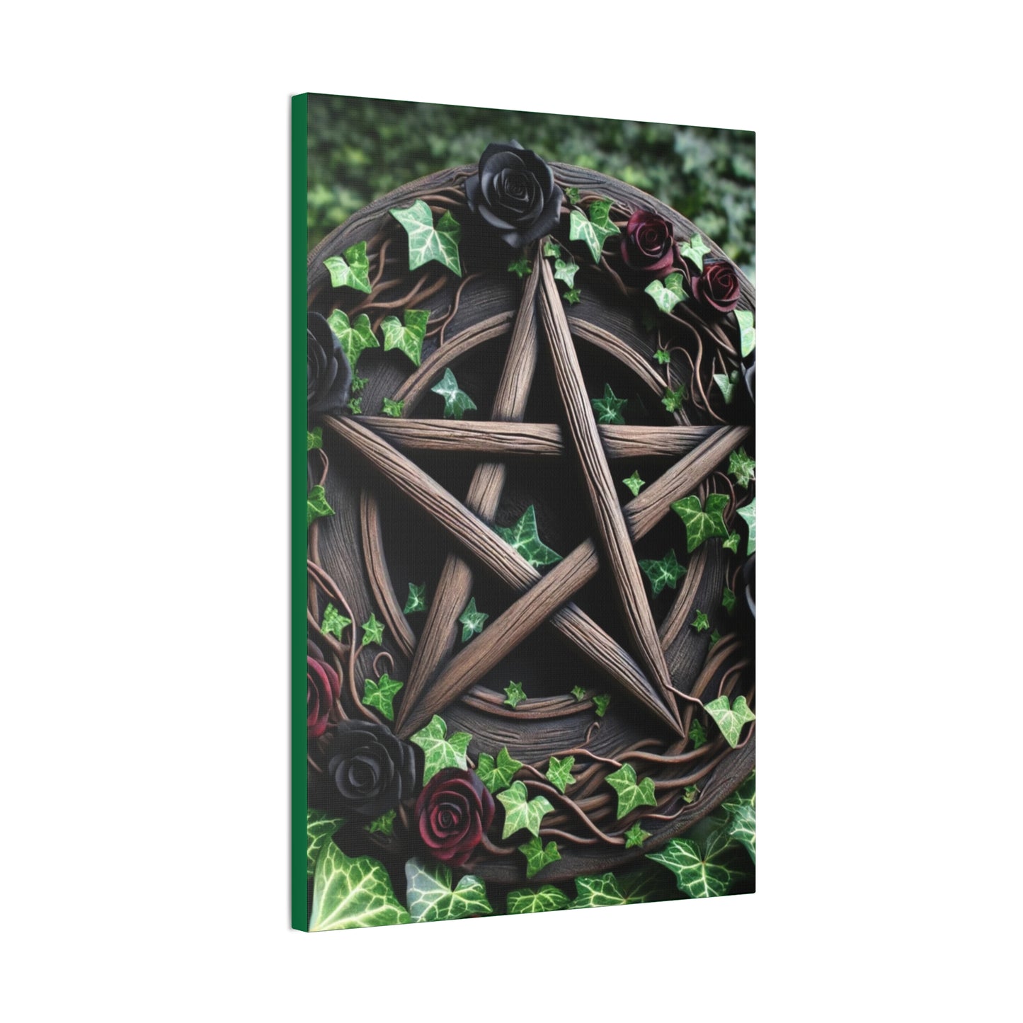 Canvas Wall Art, Wood Pentacle with Red and Black Roses in Ivy Design