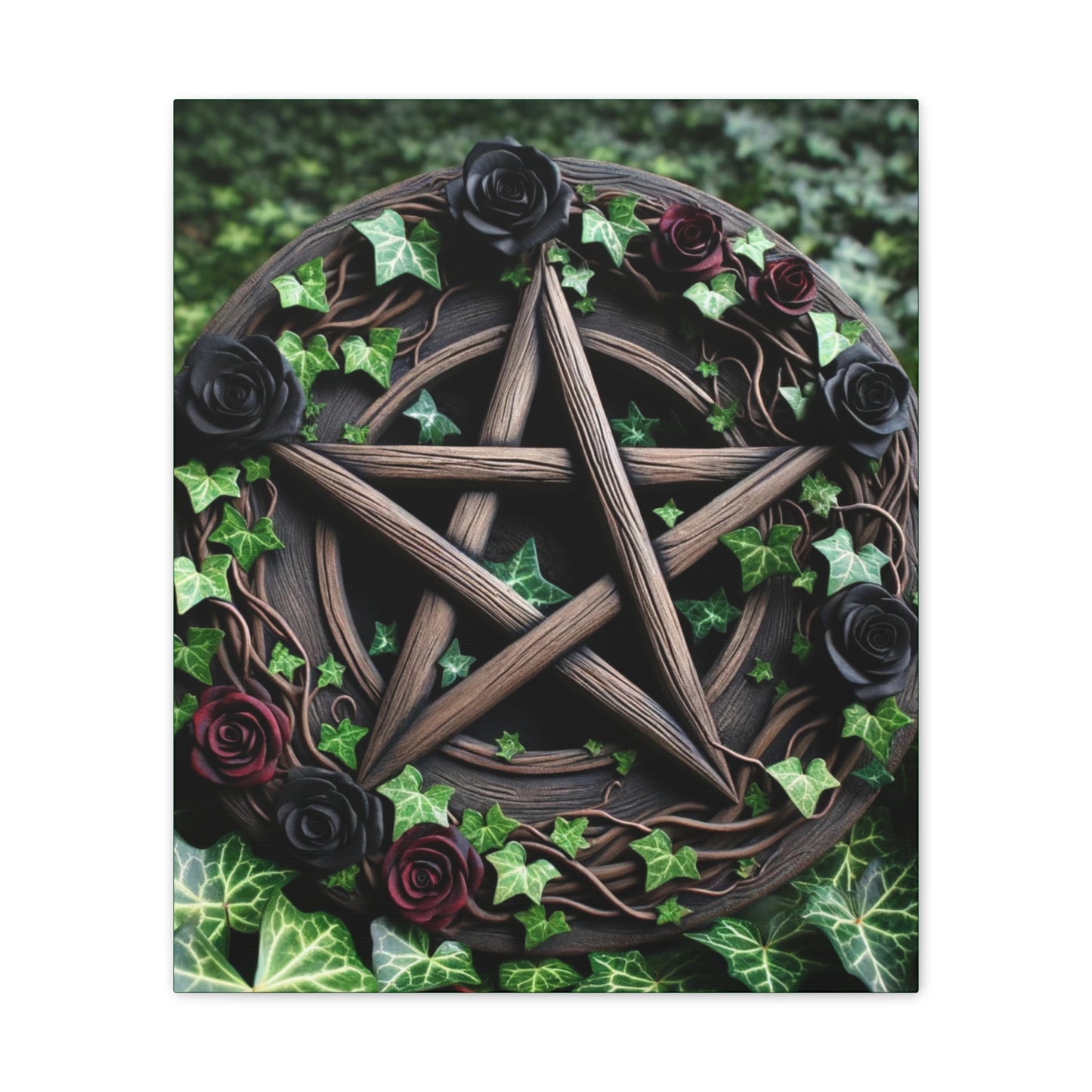 Canvas Wall Art, Wood Pentacle with Red and Black Roses in Ivy Design