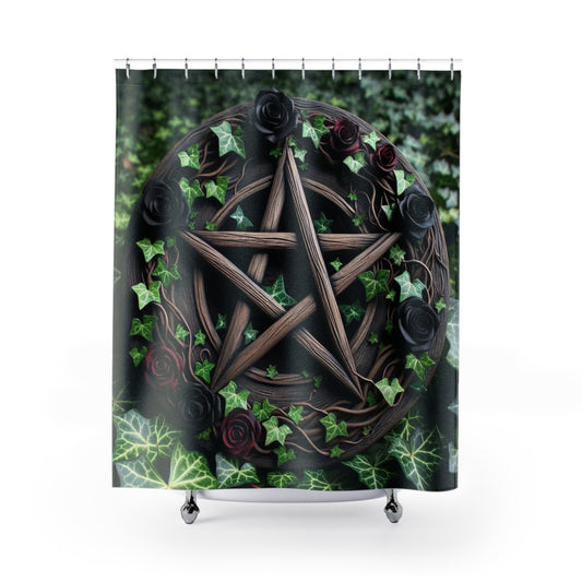 Shower Curtains - Wood Pentacle with Red and Black Roses in Ivy