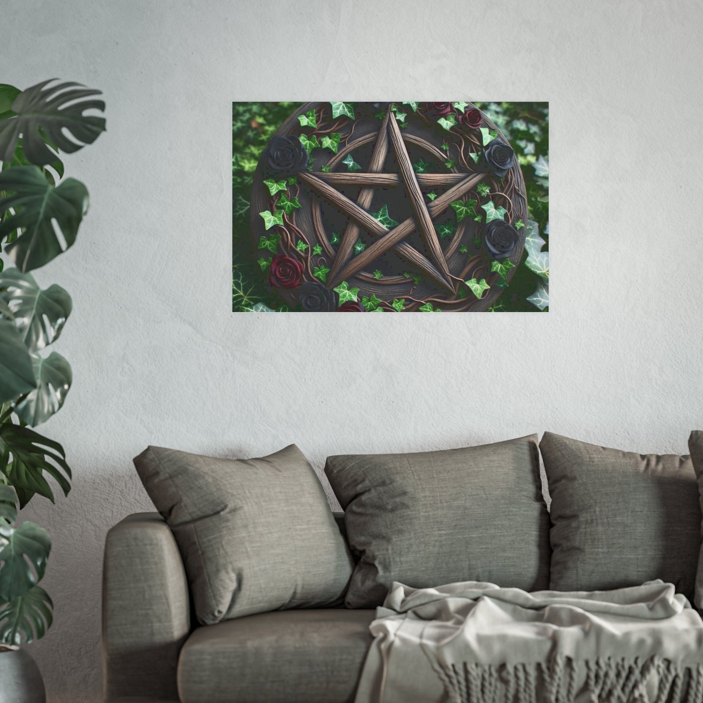 Poster - Wood Pentacle with Red and Black Roses in Ivy