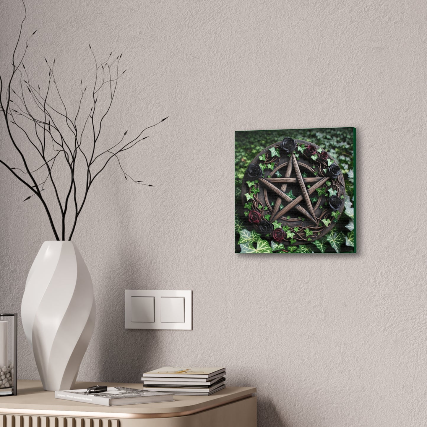 Canvas Wall Art, Wood Pentacle with Red and Black Roses in Ivy Design