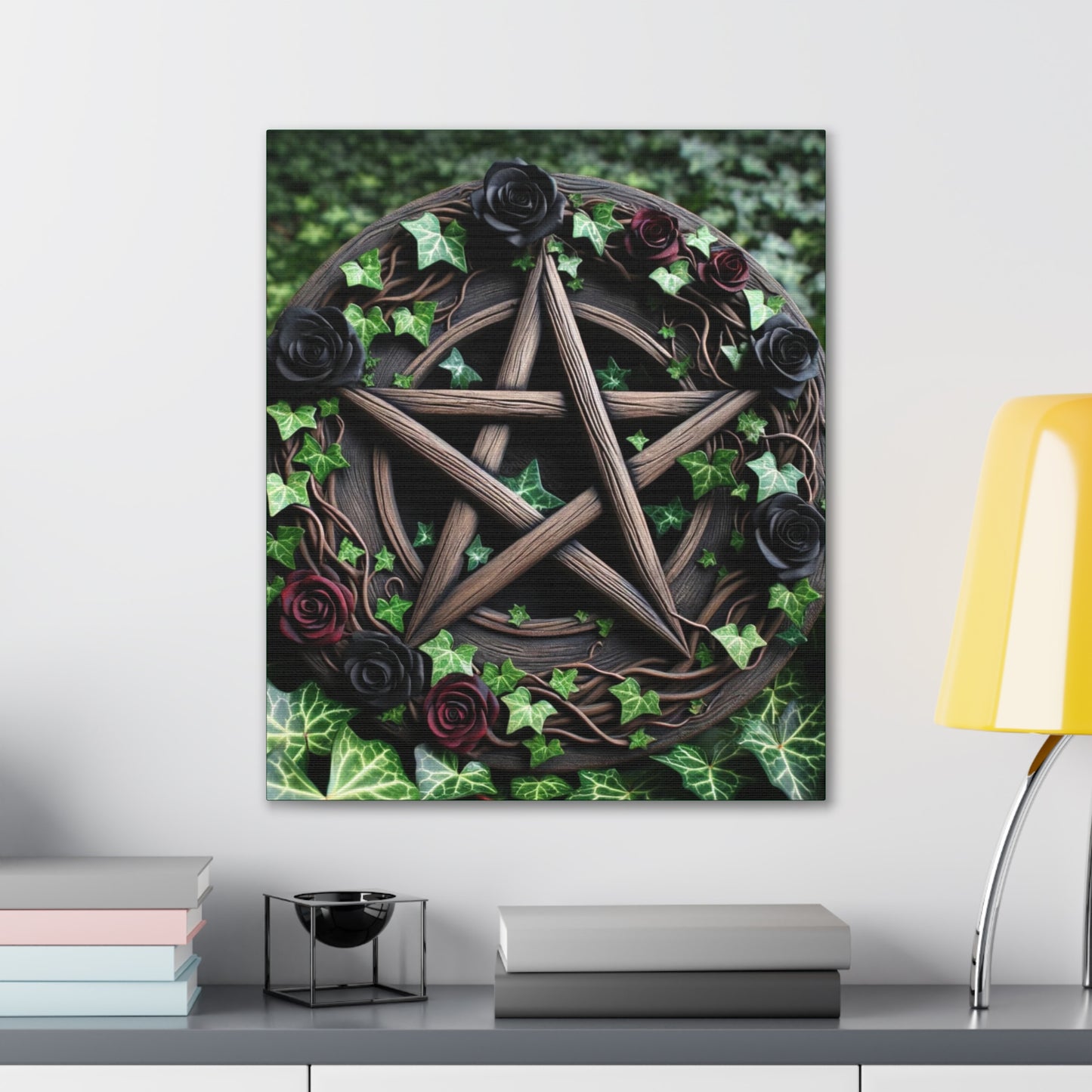 Canvas Wall Art, Wood Pentacle with Red and Black Roses in Ivy Design