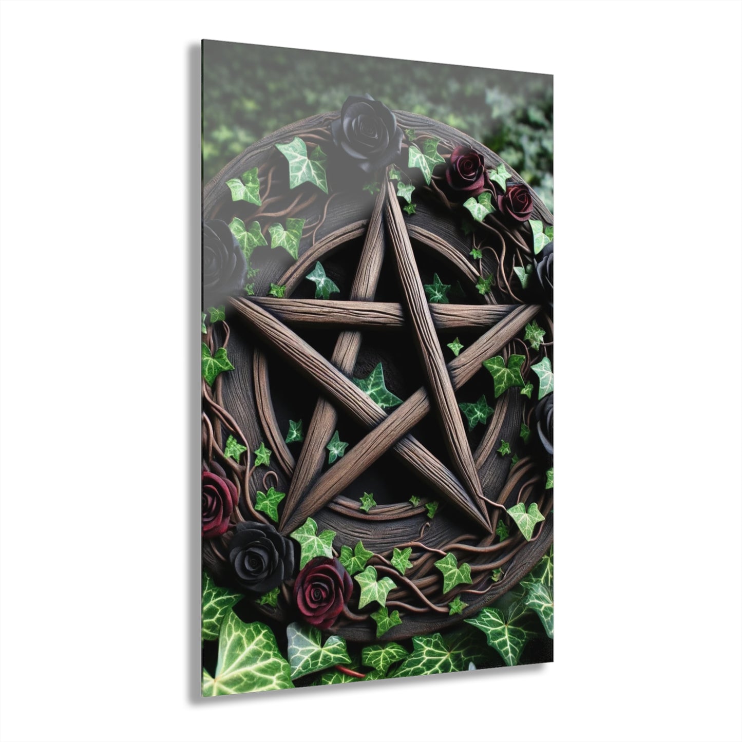 Acrylic Print Wall Decor - Wood Pentacle with Red and Black Roses in Ivy