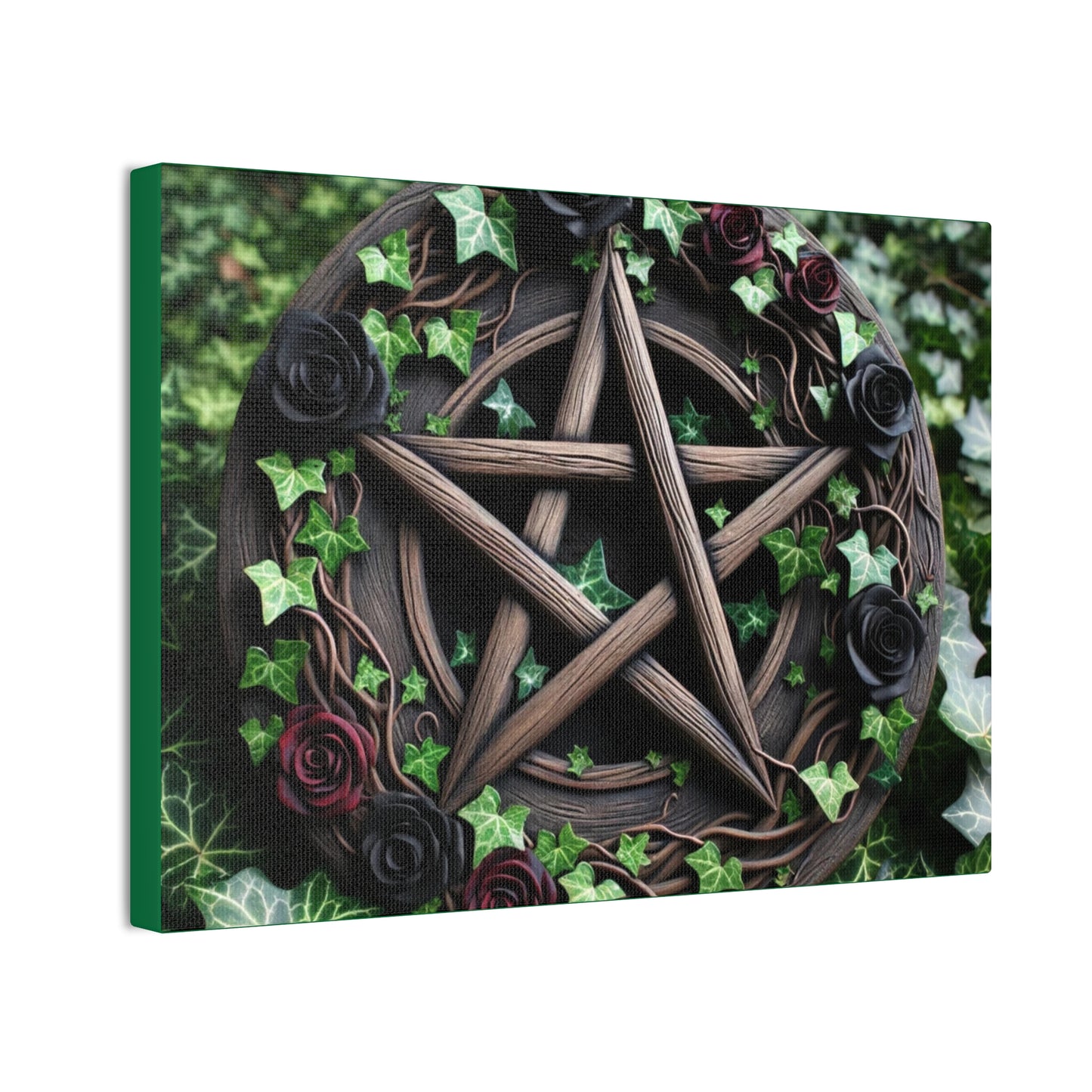 Canvas Wall Art, Wood Pentacle with Red and Black Roses in Ivy Design